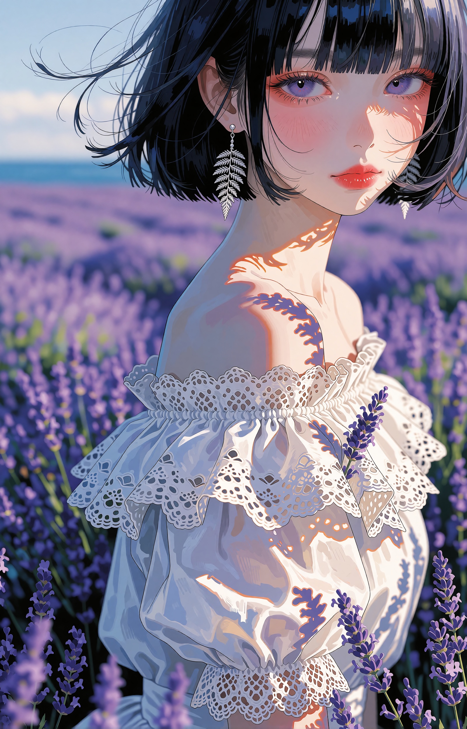 SUBJECT: A young woman with a chin-length ink-black bob,  wispy stray strands lifting in a sea breeze. Violet-lavender iri...