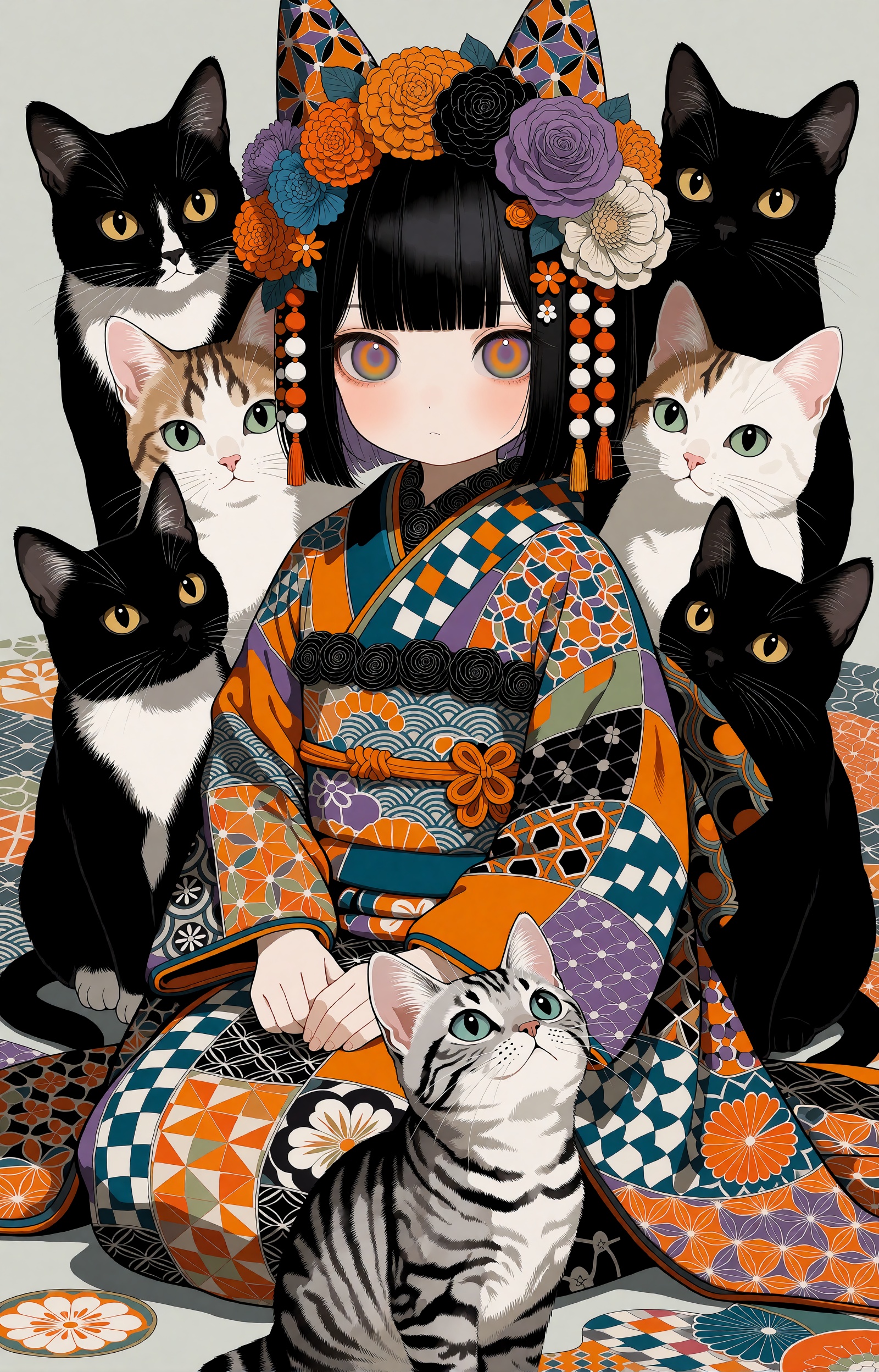 SUBJECT: A young girl with a black hime-cut bob and blunt bangs sits at the center of a feline court of seven cats. Her la...