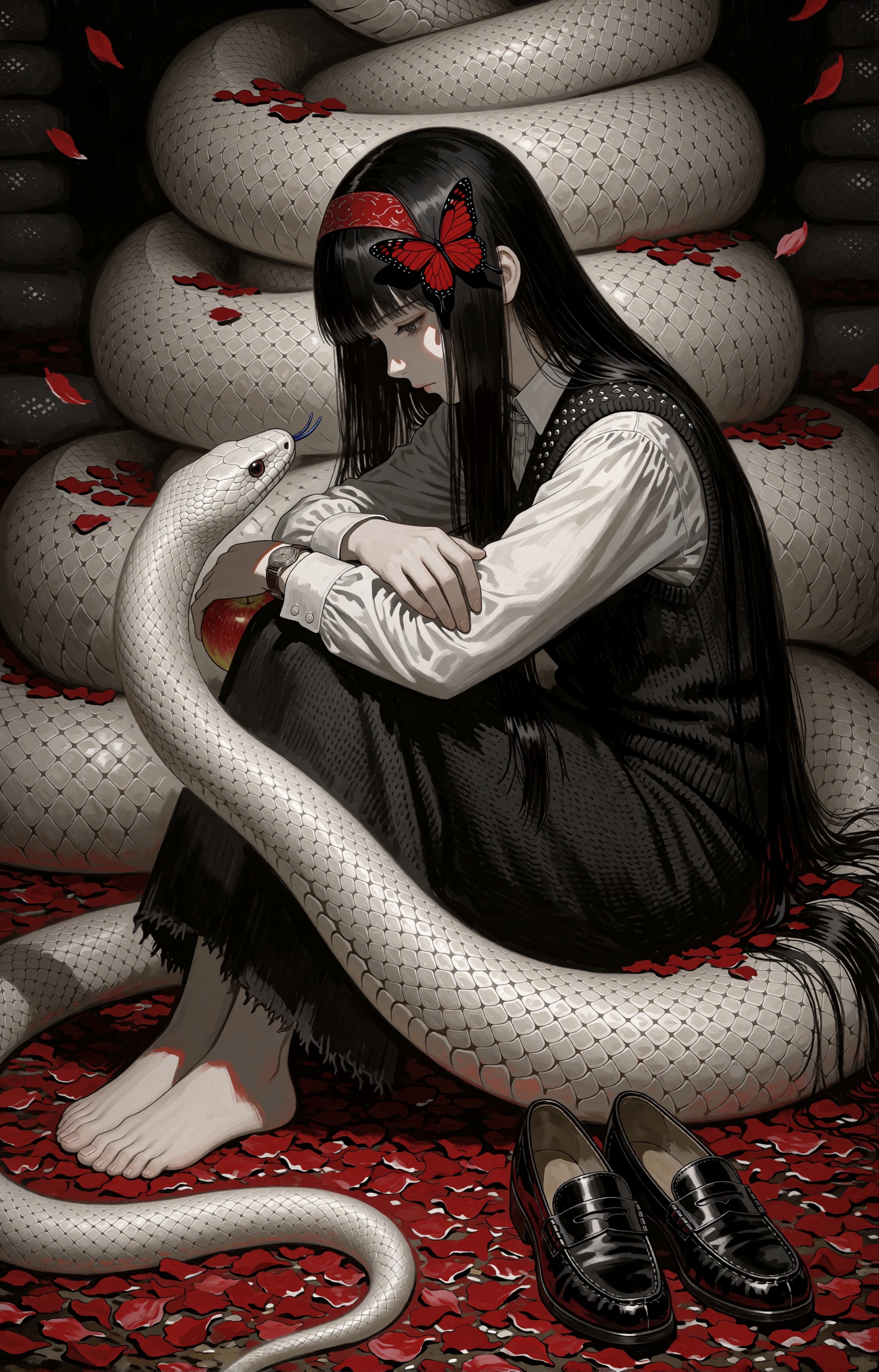SUBJECT: A barefoot young orchard-keeper with ink-black hair falling past her knees sits among the coils of her white serp...