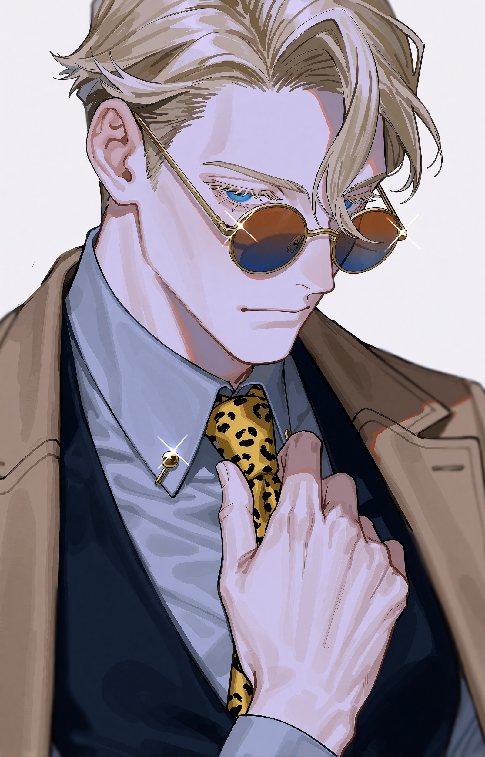 An anime-style portrait illustration of a composed ***** man with swept-back blond hair and loose strands across his foreh...
