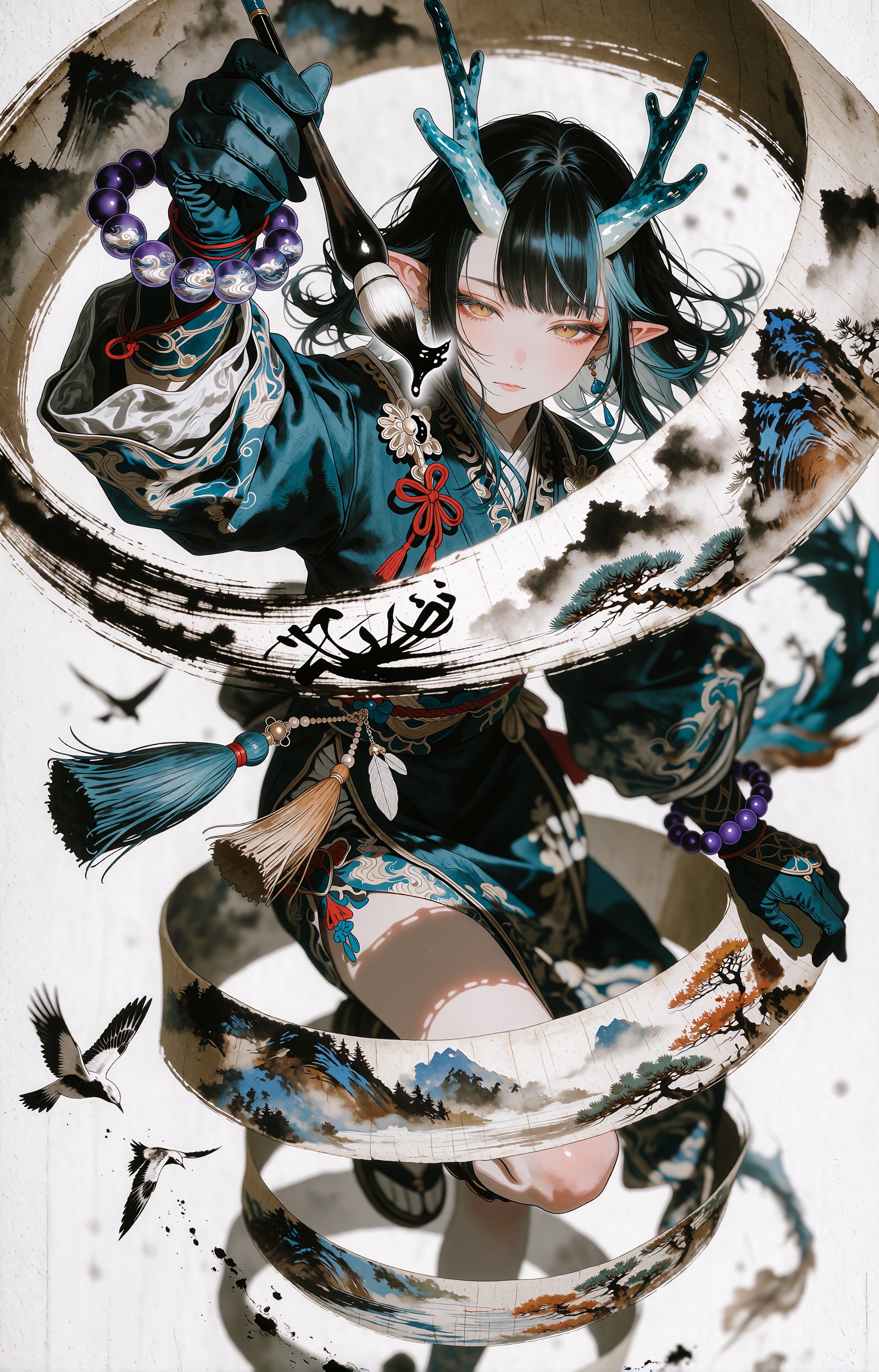 SUBJECT: A dragon-horned ink painter with pointed elf-like ears,  long black hair streaked with teal,  and calm amber eyes...