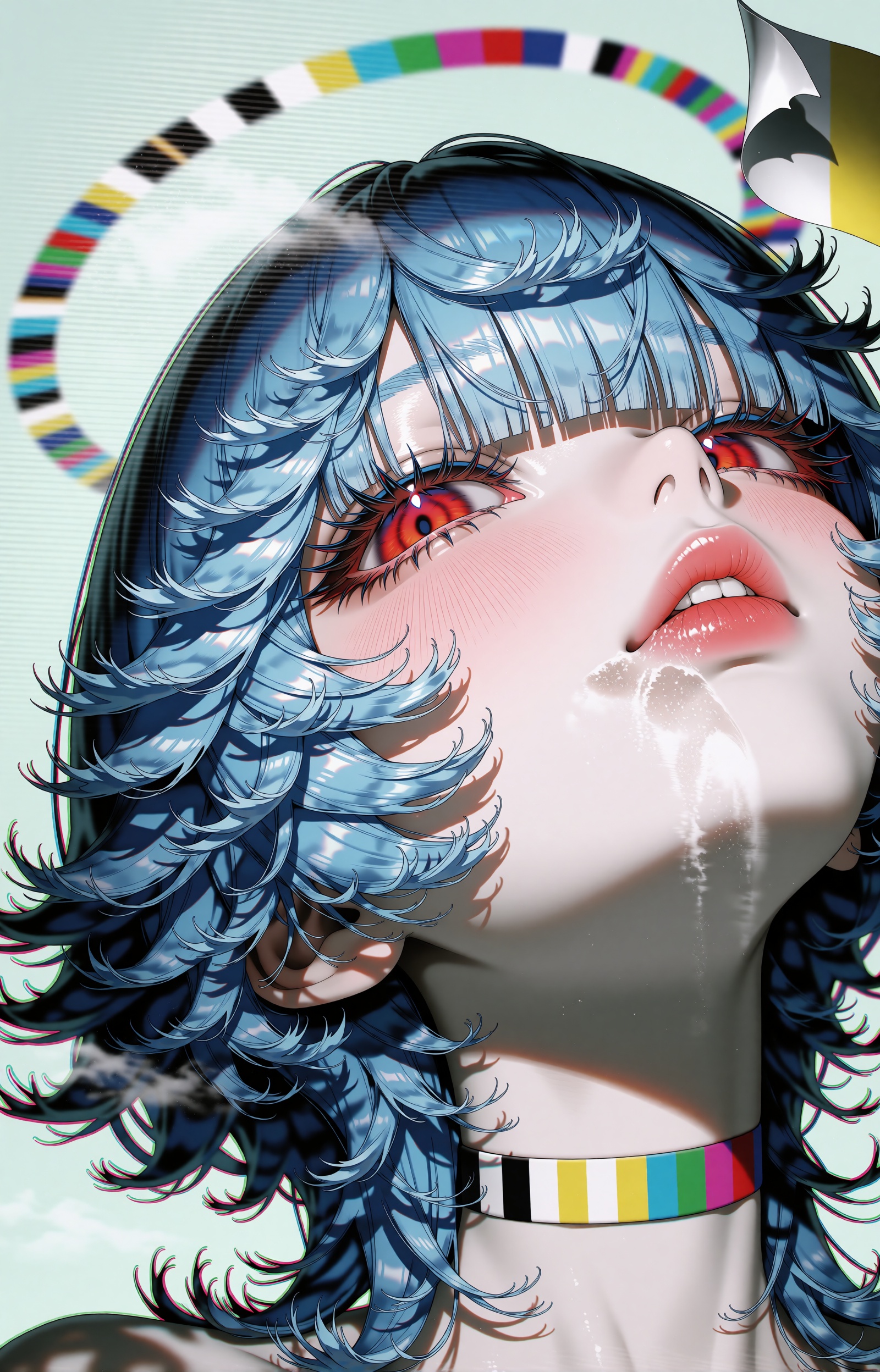SUBJECT: A glitch-pop test-card siren,  an anime girl with shaggy sky-blue hair in feathered tufts,  presses her face agai...