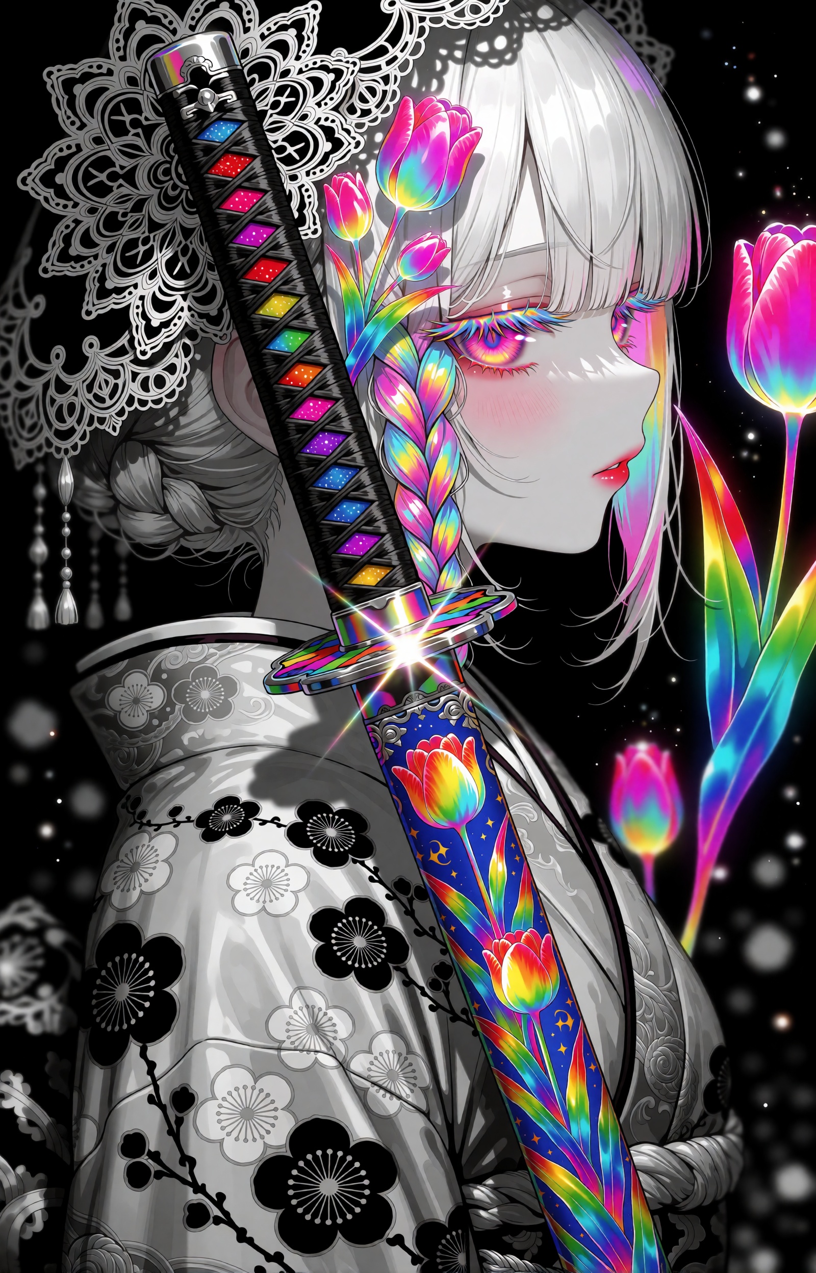 A melancholic anime girl is shown in close profile facing right,  her silver-white hair falling in soft strands with a sin...