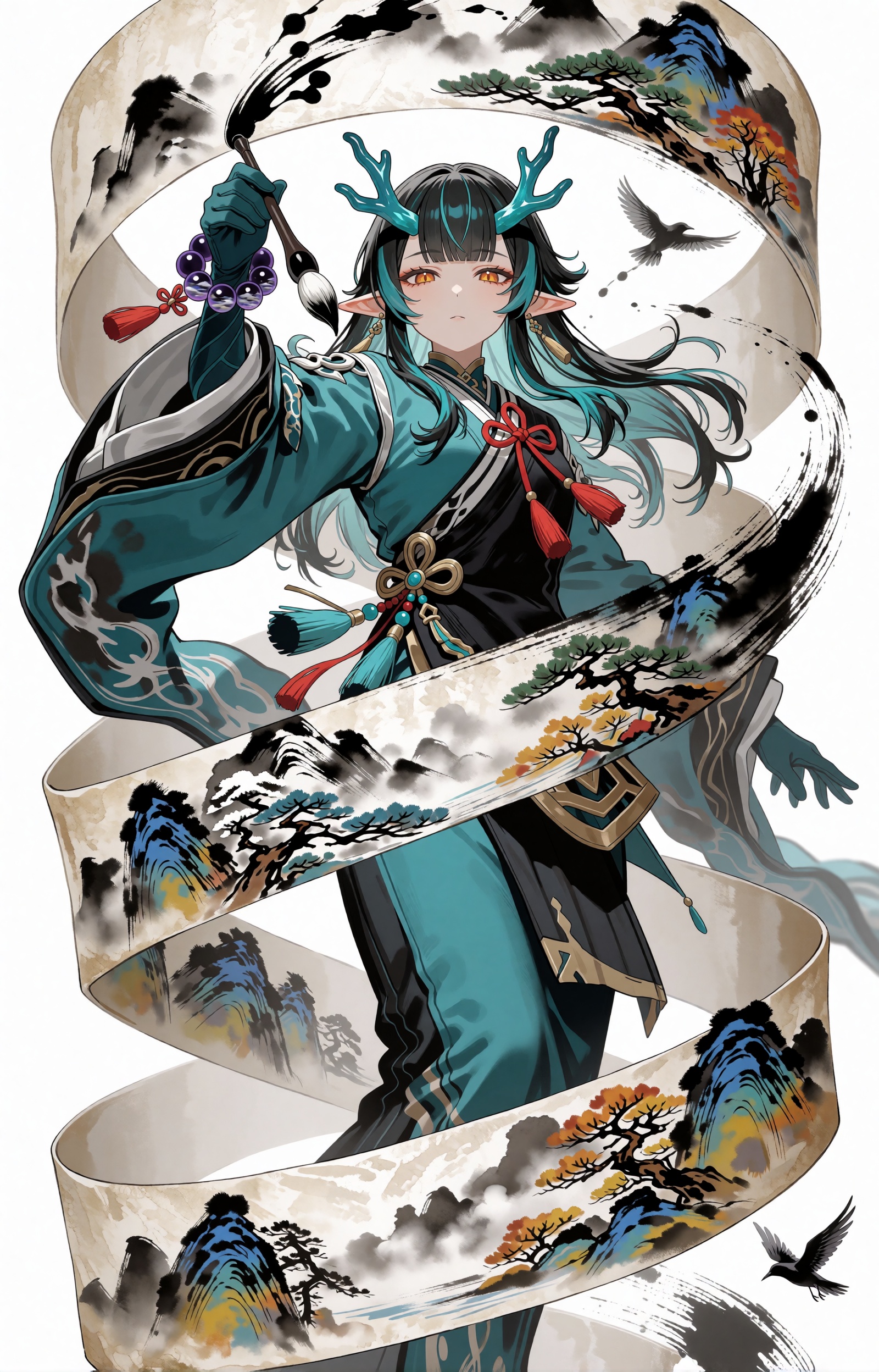 SUBJECT: A dragon-horned ink painter with pointed elf-like ears,  long black hair streaked with teal,  and calm amber eyes...
