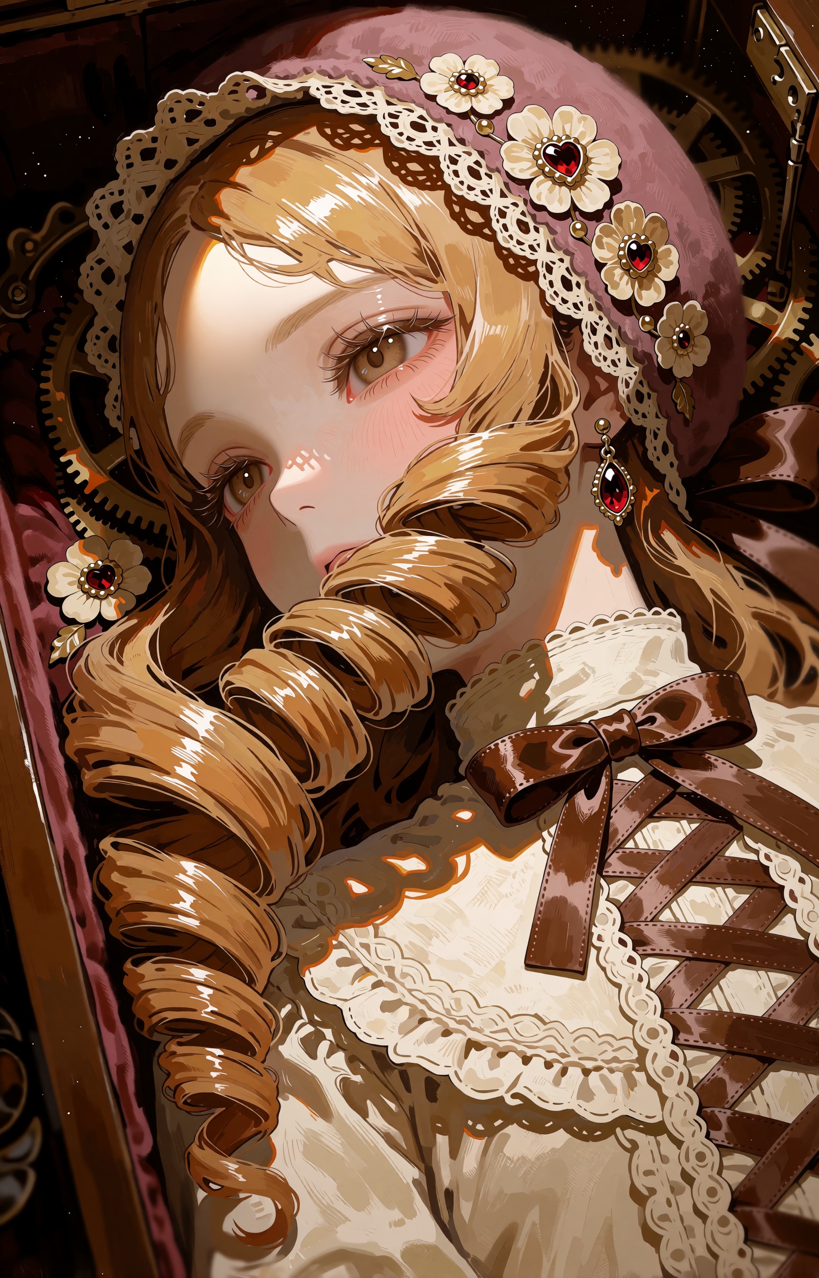 SUBJECT: A porcelain-skinned young woman re-imagined as a living doll preserved in amber light,  her long honey-blonde hai...