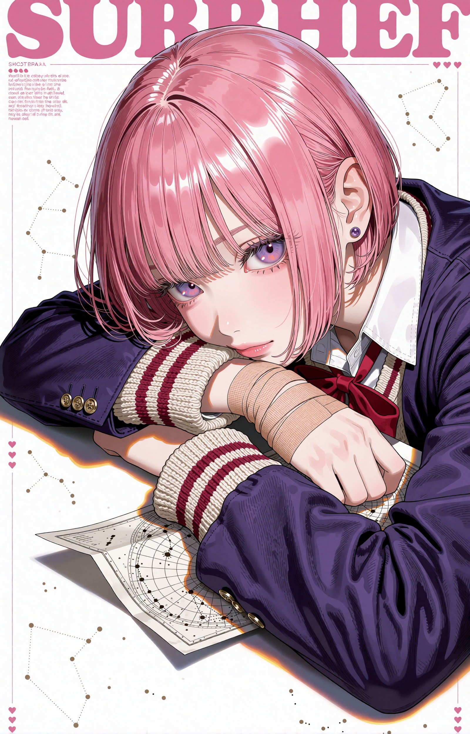 SUBJECT: A young woman with a glossy rose-pink bob rests her cheek on her crossed arms,  gazing straight out of the page w...