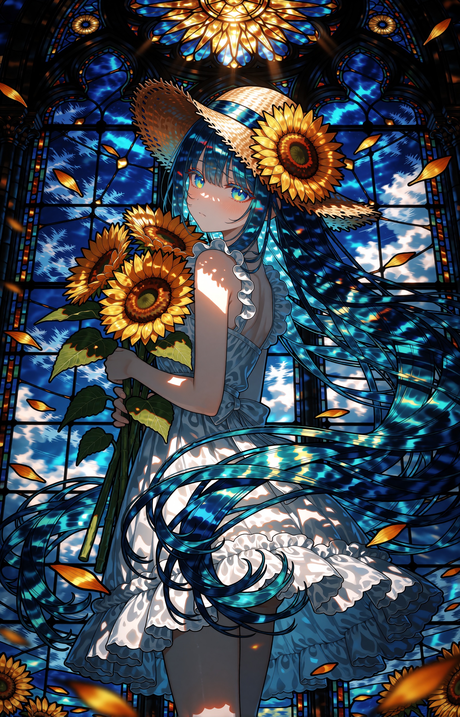 A wistful young girl with impossibly long teal-blue hair stands as the central figure of a towering cathedral stained-glas...