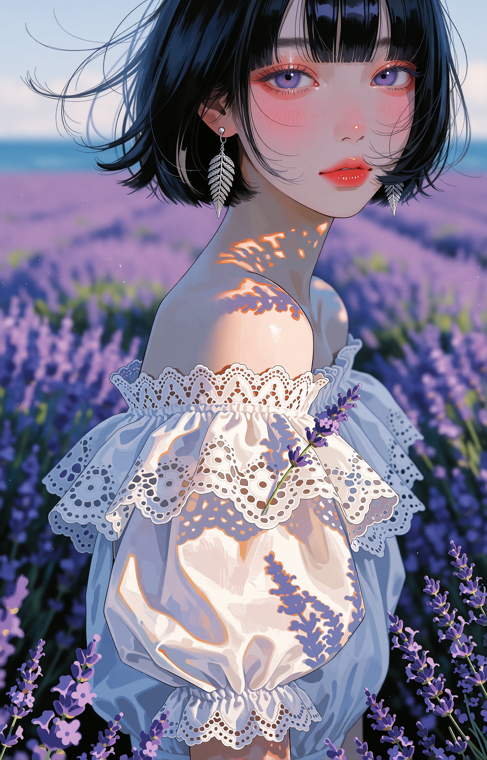 SUBJECT: A young woman with a chin-length ink-black bob,  wispy stray strands lifting in a sea breeze. Violet-lavender iri...