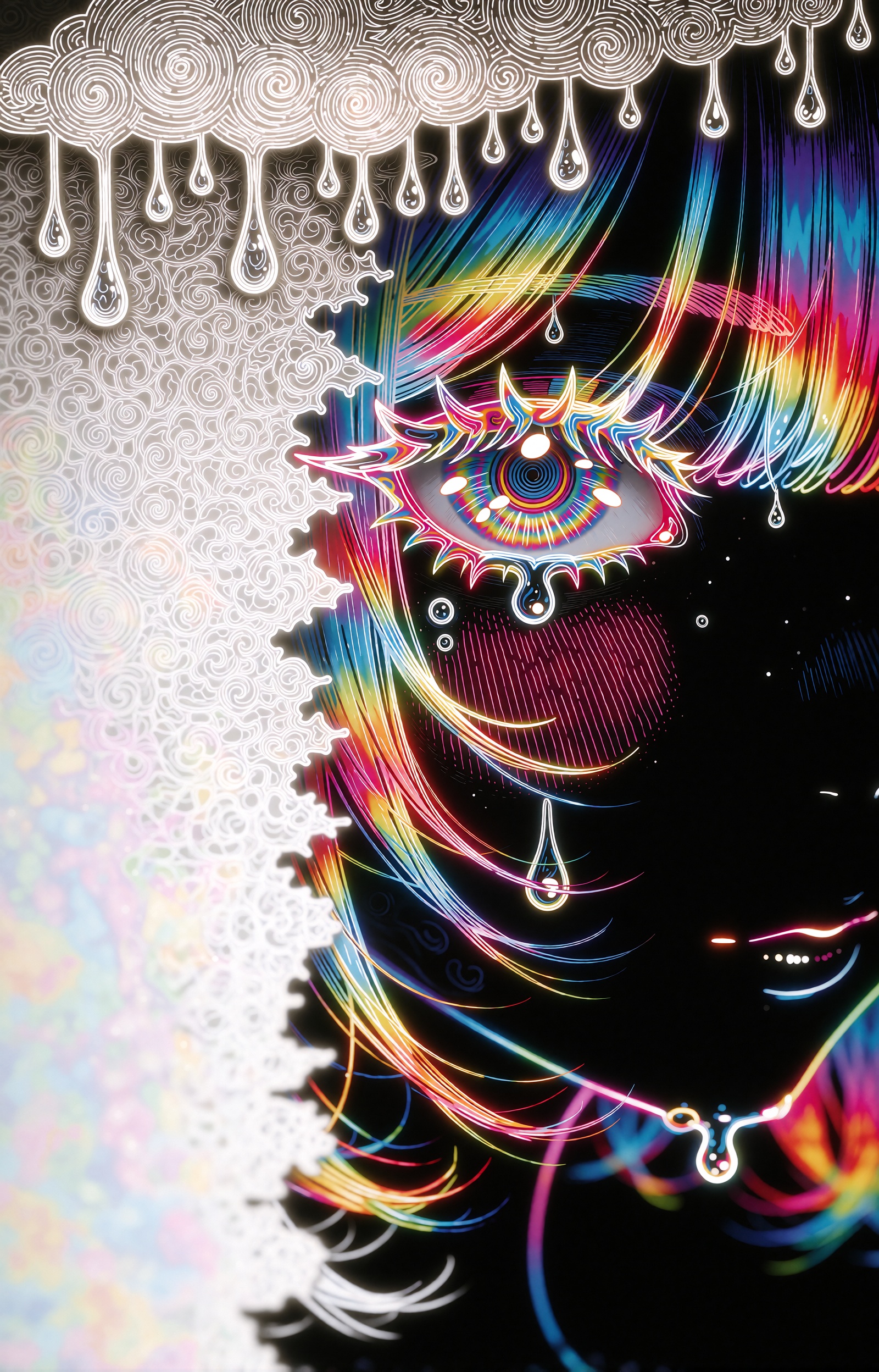 A psychedelic neon anime illustration of a figure in right-facing profile,  rendered as glowing rainbow gradient line art...