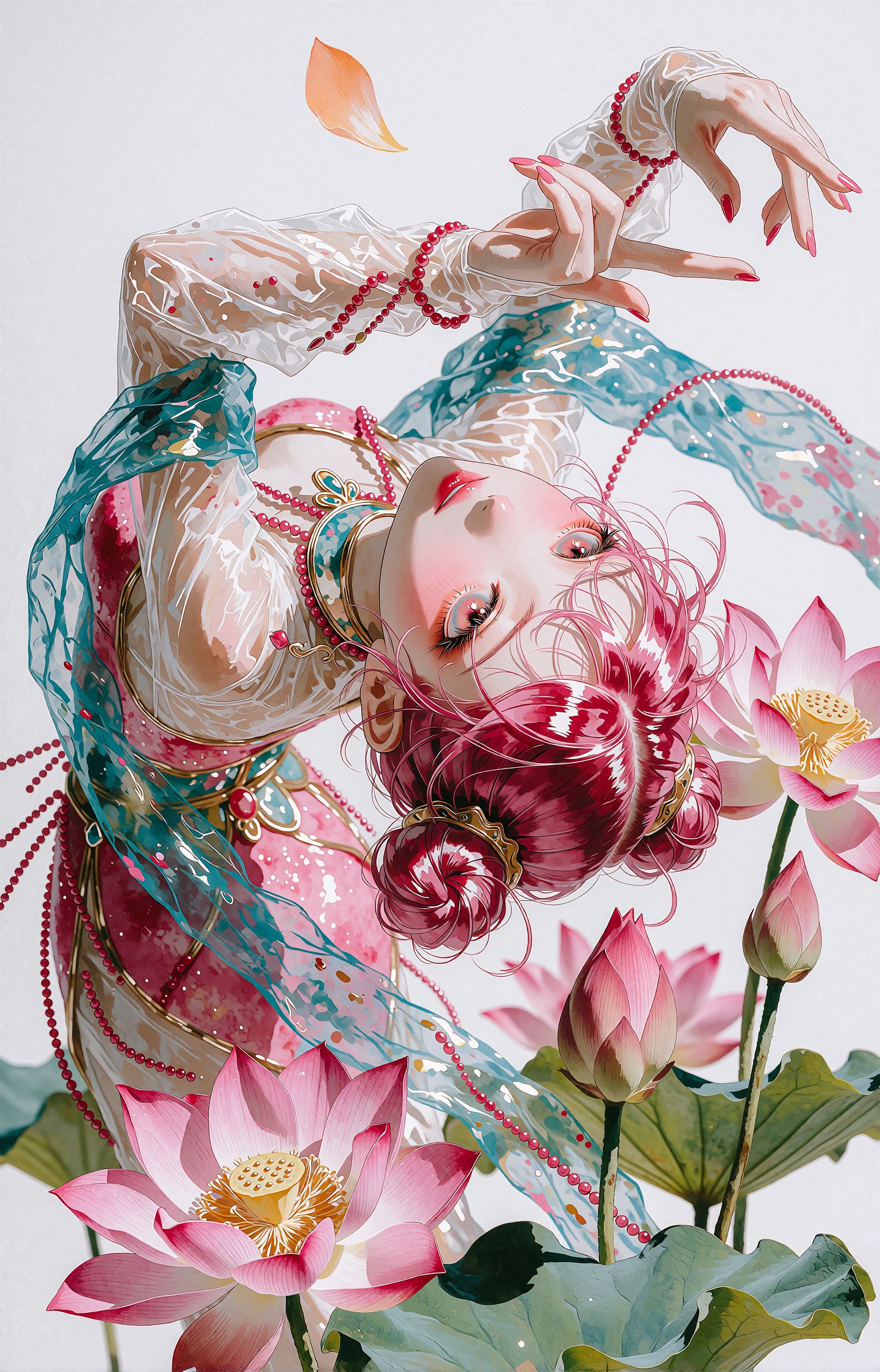 An anime-style painterly illustration of a celestial dancer arching into a deep backbend,  her inverted face meeting the v...