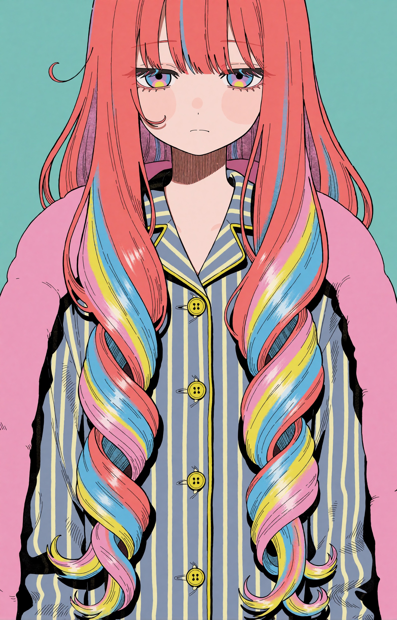 SUBJECT: A sleepy girl with very long coral-pink hair falling past her chest in heavy wavy curtains. Candy-stripe bands of...