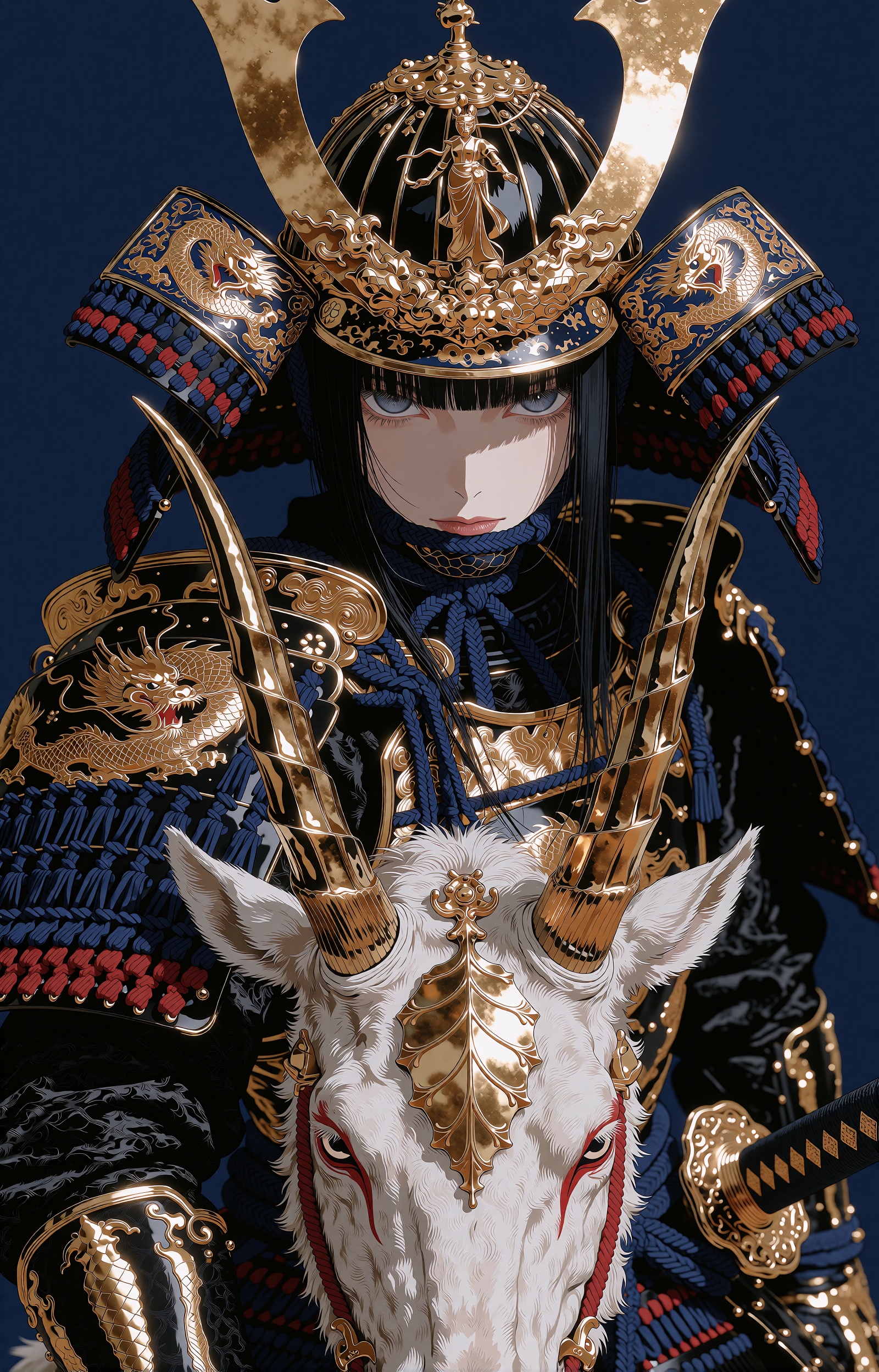 A stern-faced warrior with long straight black hair and blunt-cut bangs gazes forward with sharp blue-gray eyes,  crowned...