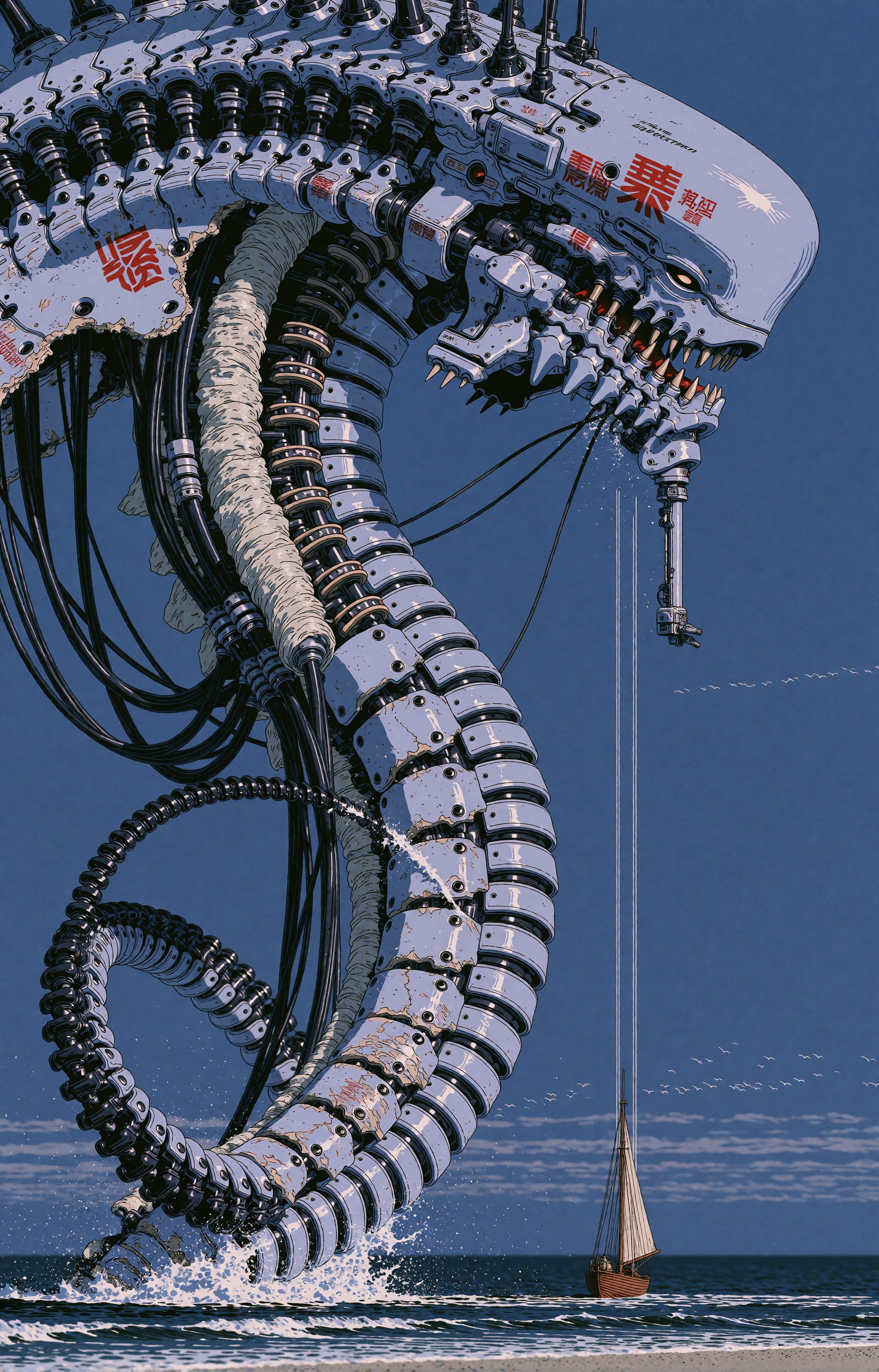 SUBJECT: A colossal alien mecha-leviathan hovers above the open sea,  its body a cathedral of interlocked white hull modul...