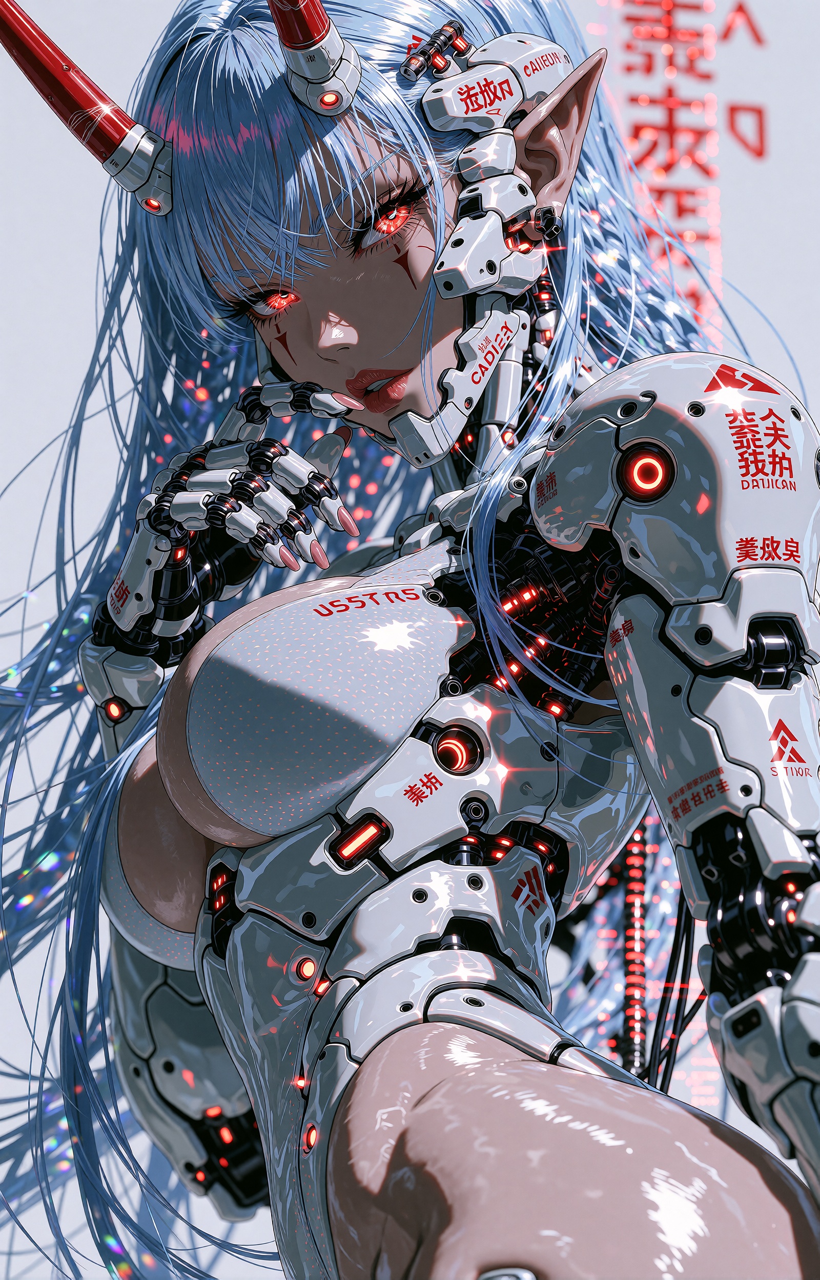 An ***** female cyborg rendered in meticulous anime illustration,  her long ice-blue hair cascading in glossy strands arou...