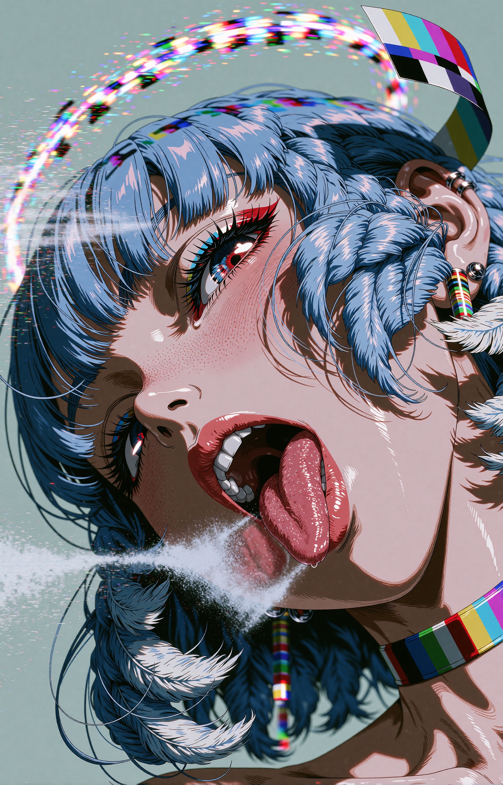 SUBJECT: A glitch-pop test-card siren,  an anime girl with shaggy sky-blue hair in feathered tufts,  presses her face agai...