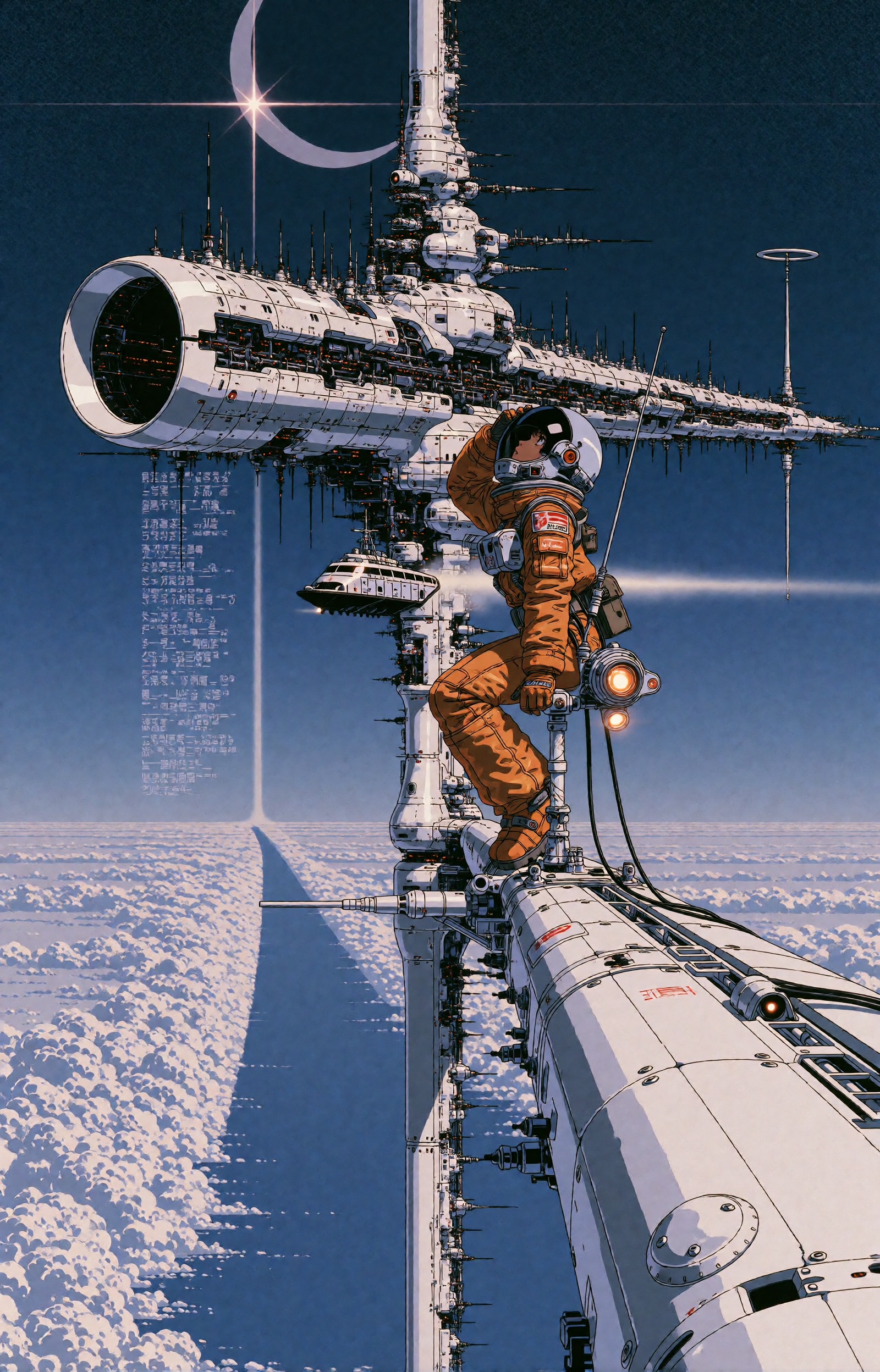 SUBJECT: A colossal orbital spire-station dominates the sky,  its vertical mast piercing the entire frame from the cloud s...