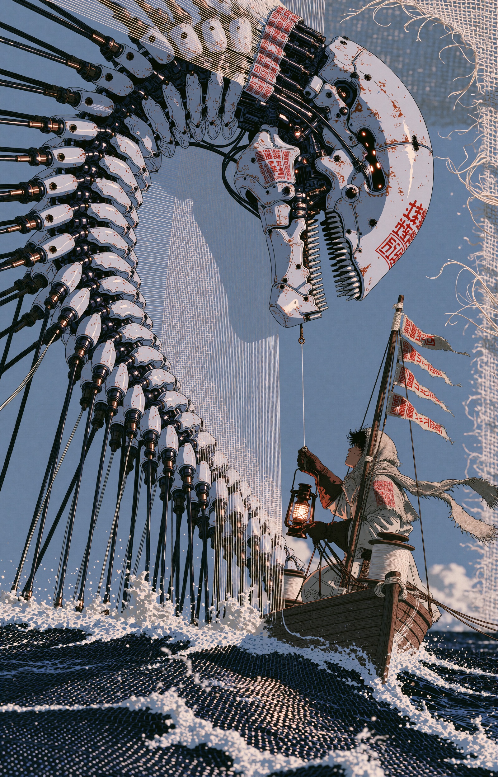 SUBJECT : A colossal machine leviathan whose body is a celestial loom,  its segmented vertebrae functioning as shuttles an...