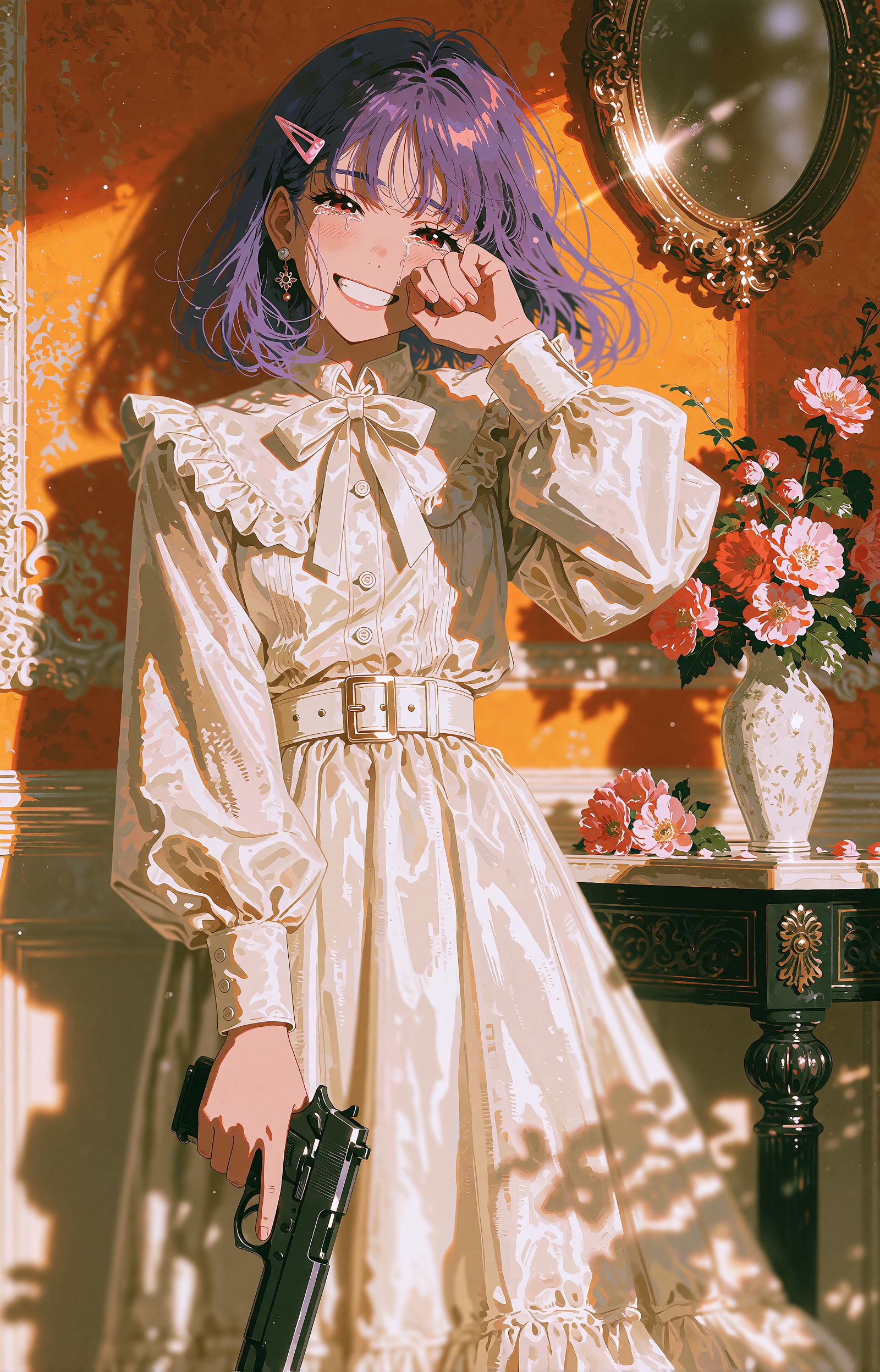 SUBJECT : A young woman with shoulder-length violet hair,  softly parted,  a pink ribbon clip pinned above one temple. Her...
