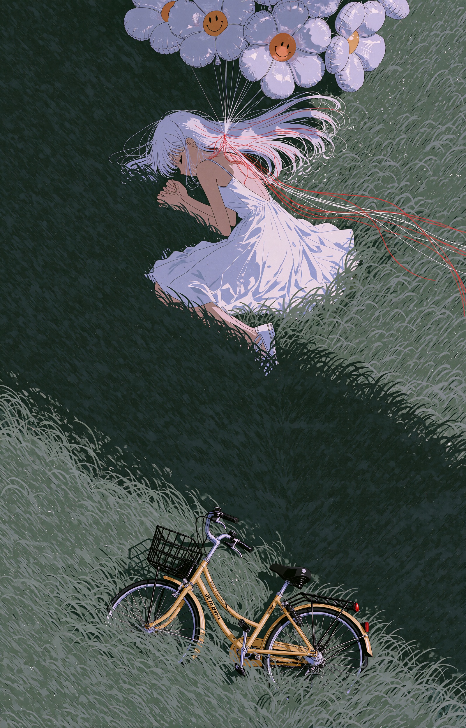 SUBJECT: A slender girl with long pale-lavender white hair spread out as if underwater,  a few thin crimson threads woven...