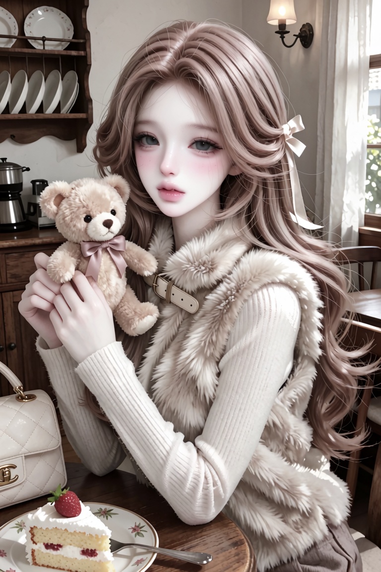 Medium portrait of a young woman. Angle: Eye-level shot. Pose: Sitting at a cafe table,  holding a small plush teddy bear...