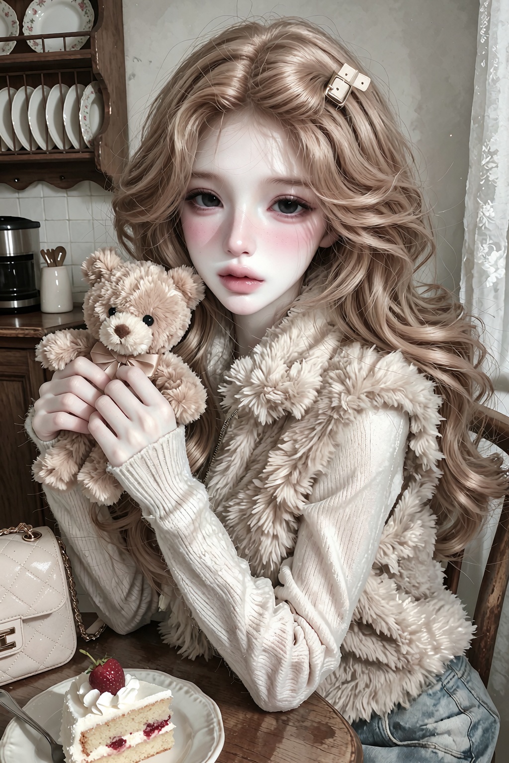 Medium portrait of a young woman. Angle: Eye-level shot. Pose: Sitting at a cafe table,  holding a small plush teddy bear...