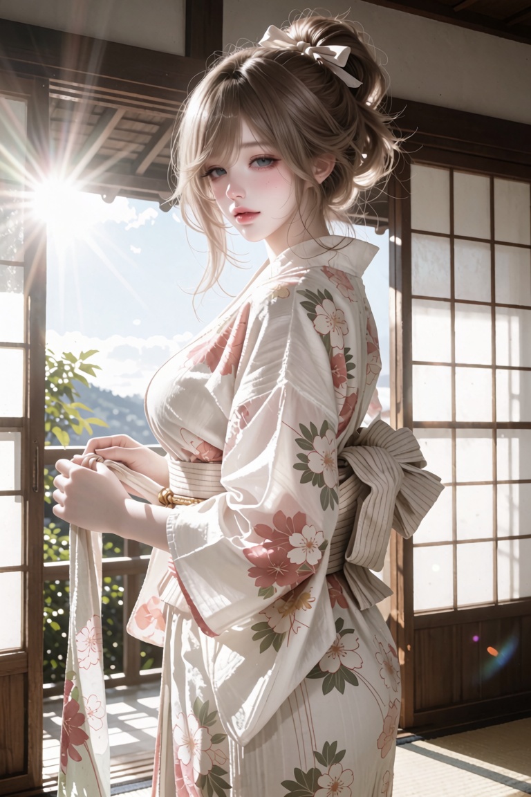 Medium portrait of a young woman. Angle: Low-angle shot. Pose: Standing and twisting to look over her shoulder at the lens...