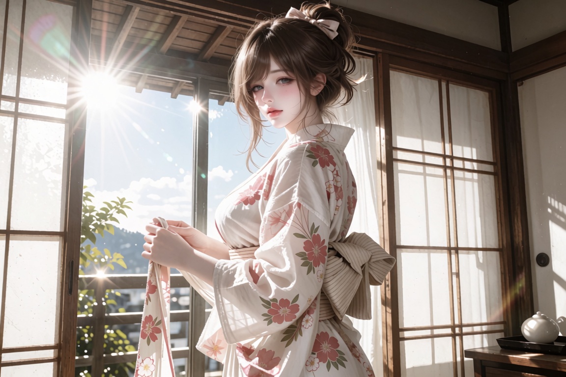 Medium portrait of a young woman. Angle: Low-angle shot. Pose: Standing and twisting to look over her shoulder at the lens...