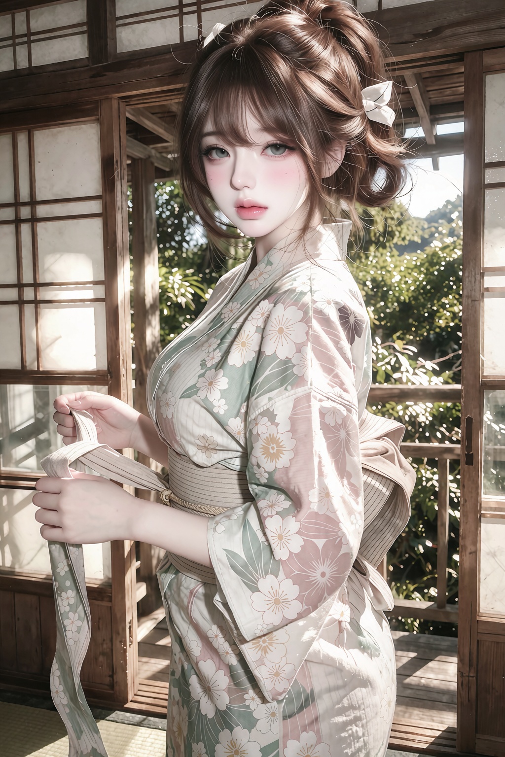 Medium portrait of a young woman. Angle: Low-angle shot. Pose: Standing and twisting to look over her shoulder at the lens...