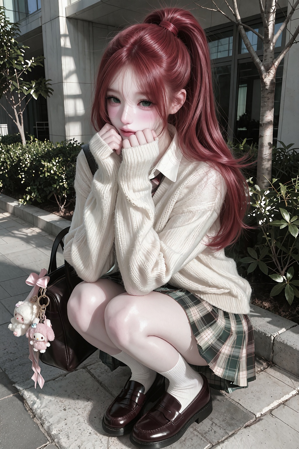Full-body portrait of a young woman. Angle: High-angle shot. Pose: Crouching down on an outdoor paved walkway,  bringing b...