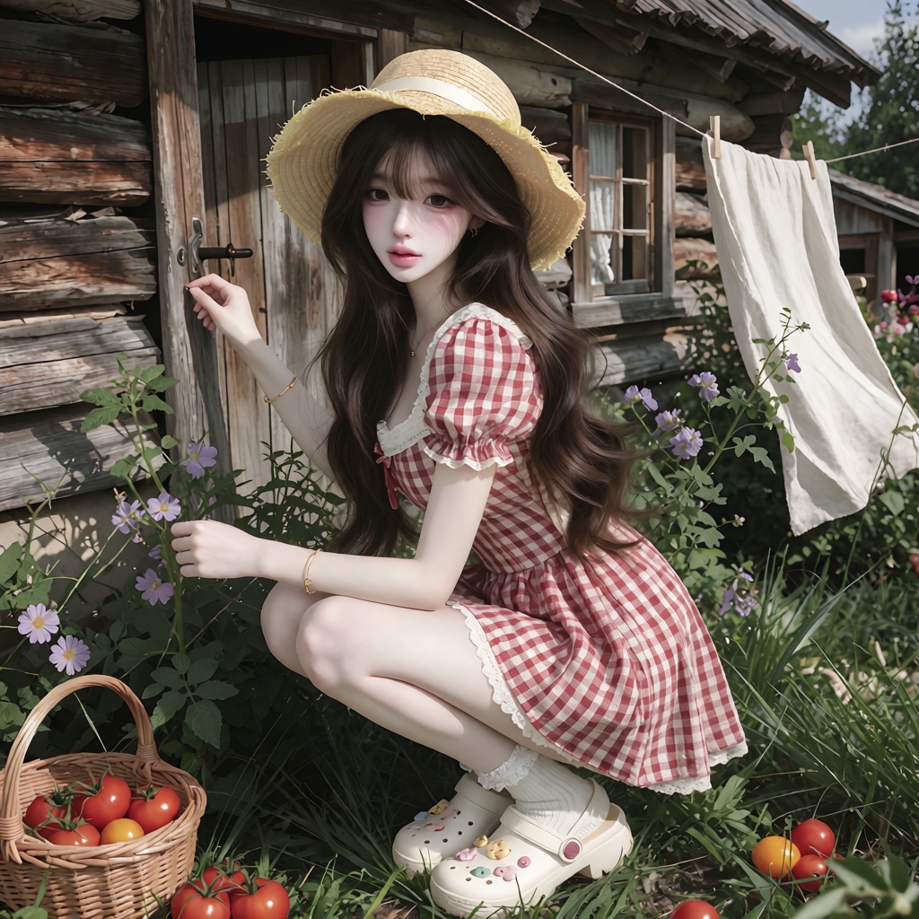 layered Korean hush cut with soft air bangs,  ,  round expressive eyes A highly photorealistic Korean countryside fashion...