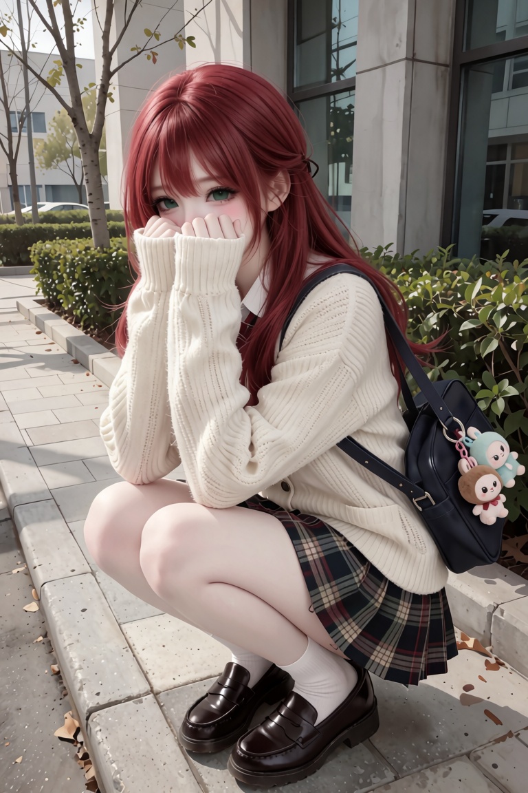 Full-body portrait of a young woman. Angle: High-angle shot. Pose: Crouching down on an outdoor paved walkway,  bringing b...