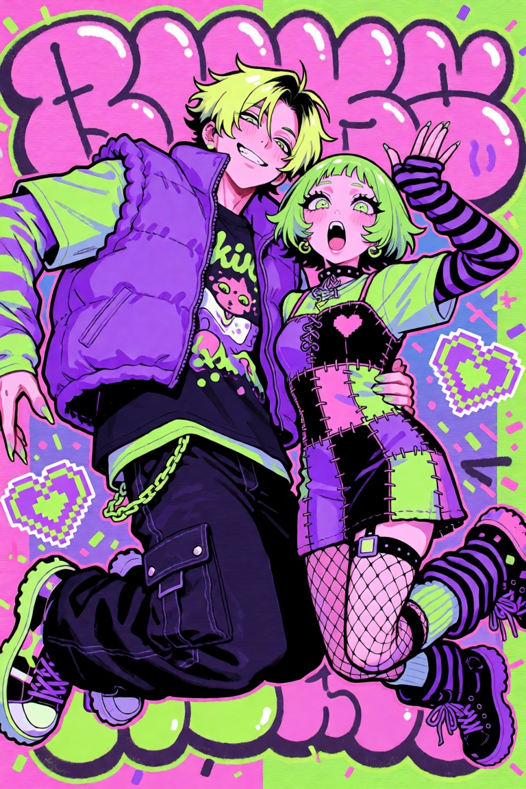 dynamic mid-jump shot of a couple caught mid-motion against a hyperpop backdrop of clashing cotton-candy pink,  lime,  and...