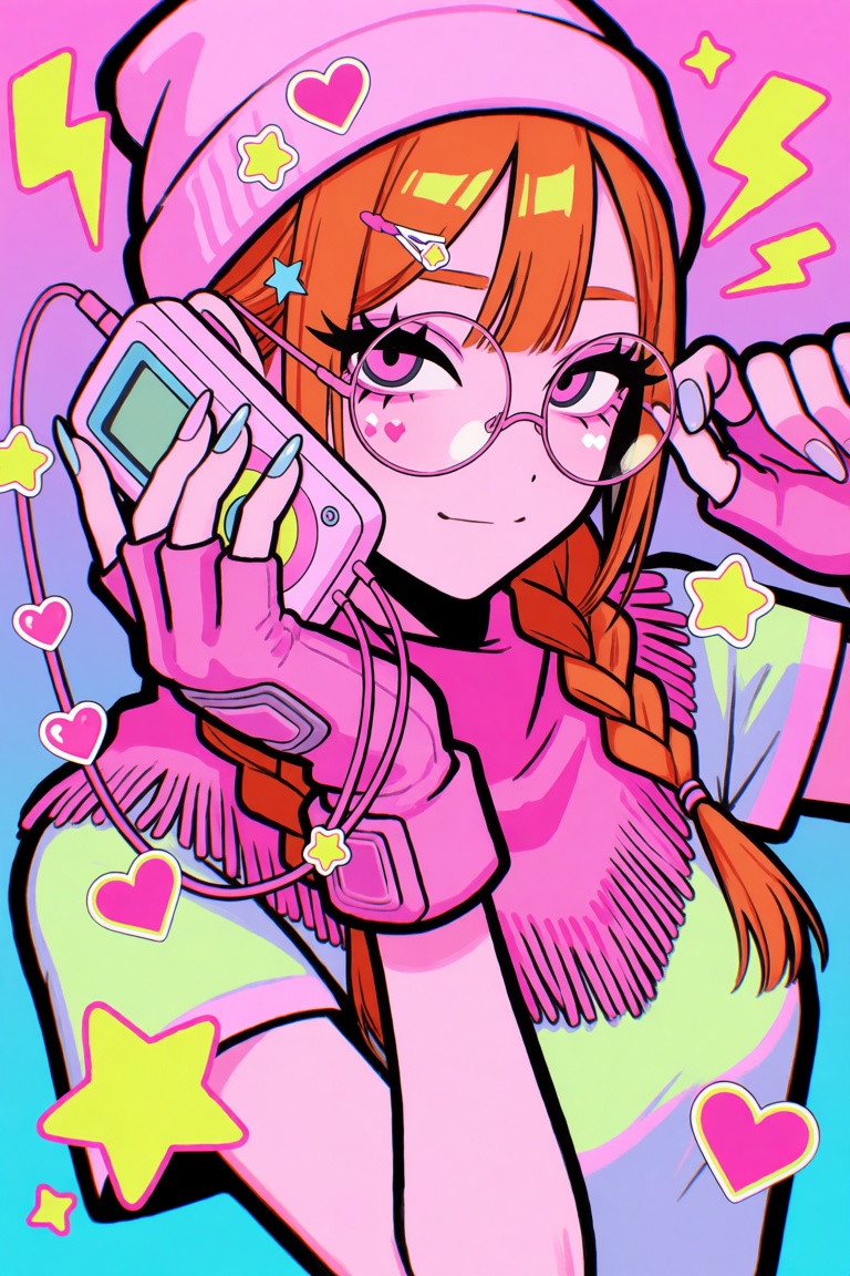 A close-up,  dynamic shot in nini-tone with a neon pink-to-cyan gradient background scattered with chunky yellow stars,  h...