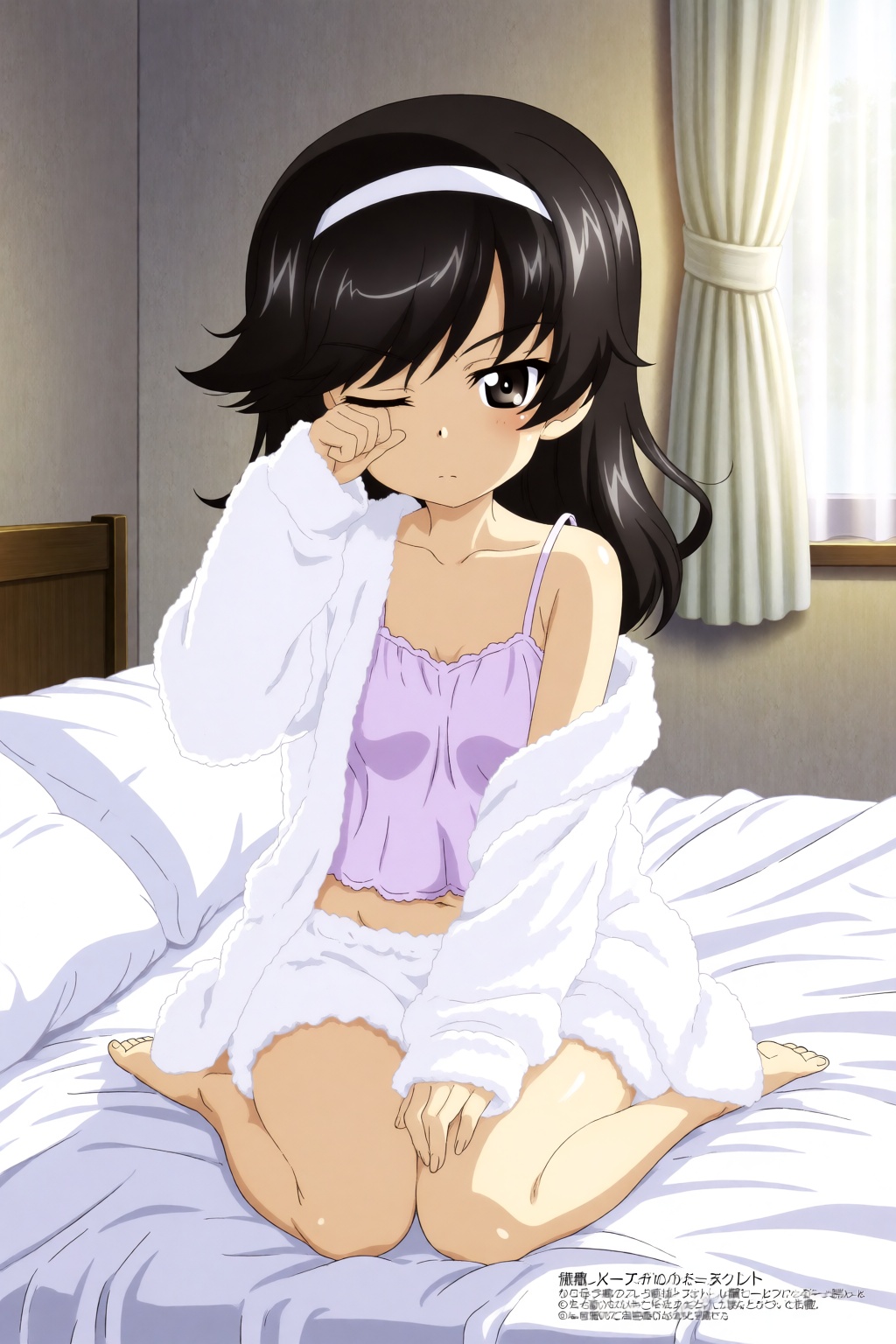 Anime illustration of Mako Reizei from the Girls und Panzer franchise kneeling on a white unmade bed. The camera is positi...