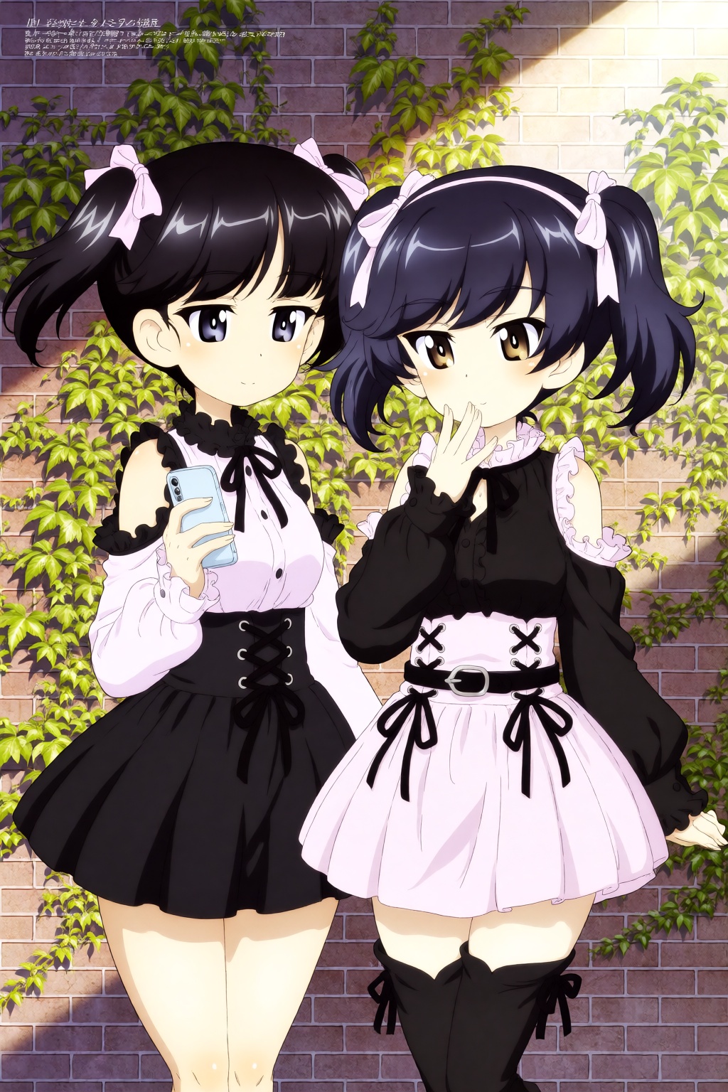 Anime illustration of Shizuka Tsuruki and Rin Matsukaze from Girls und Panzer standing before a red brick wall covered in...