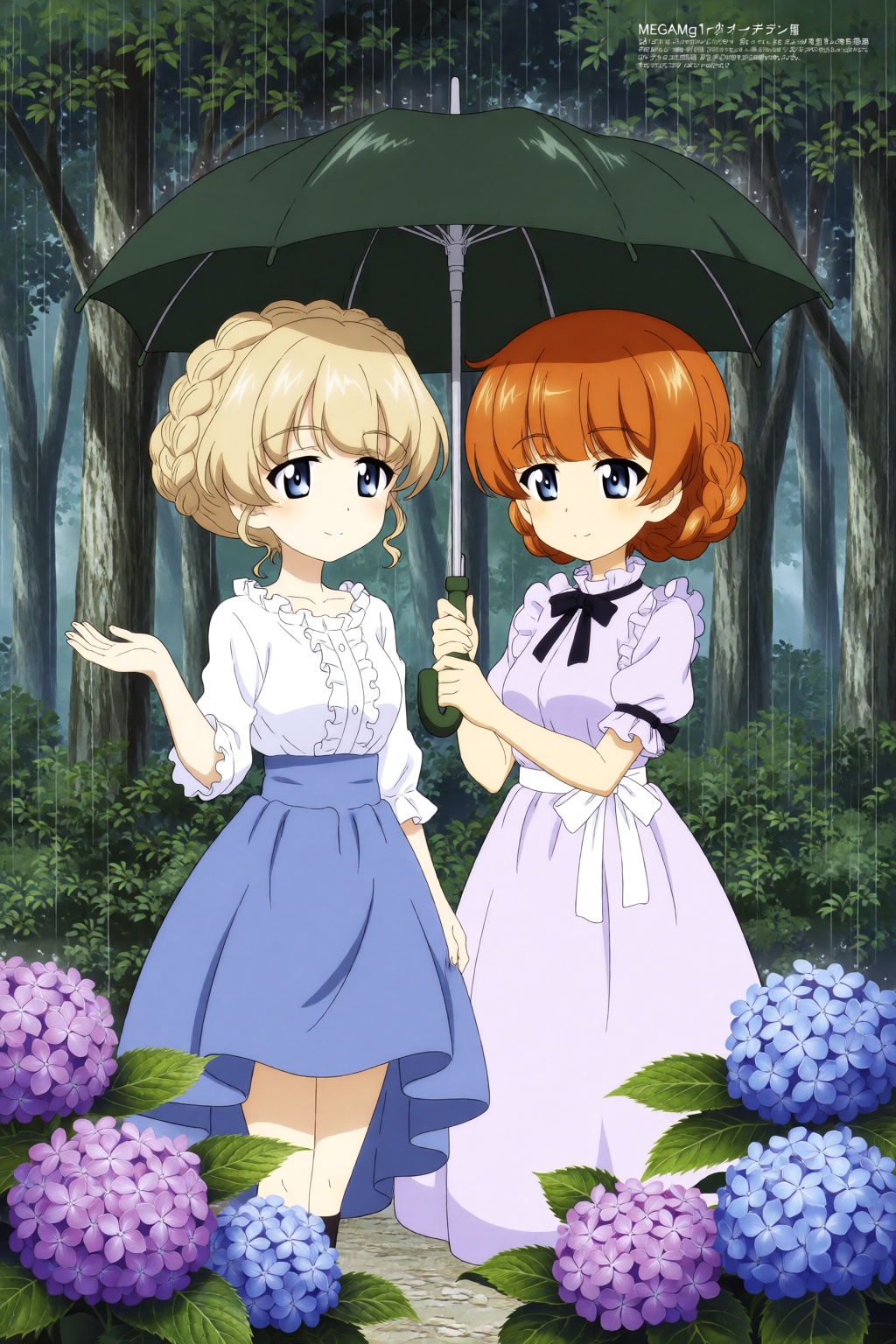 MEGAMg1rls,  Centrally framed under a dark green umbrella are Darjeeling and Orange Pekoe from the Girls und Panzer franch...