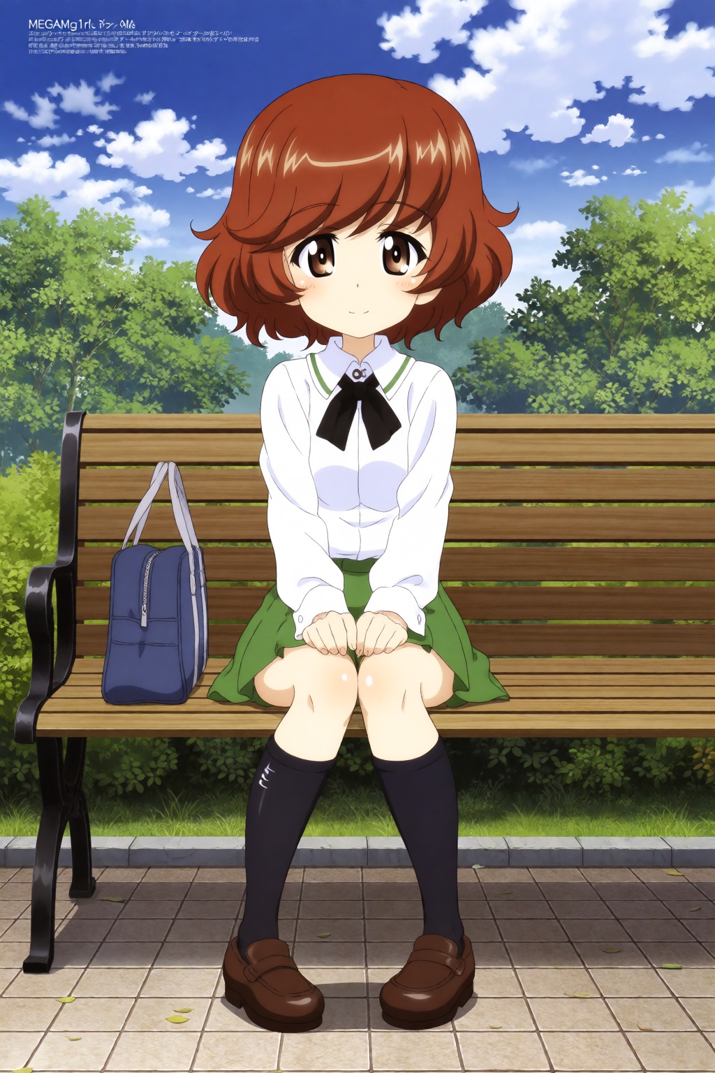 MEGAMg1rls,  Girls und Panzer,  A girl is sitting on a bench in a park. on Tensor.Art