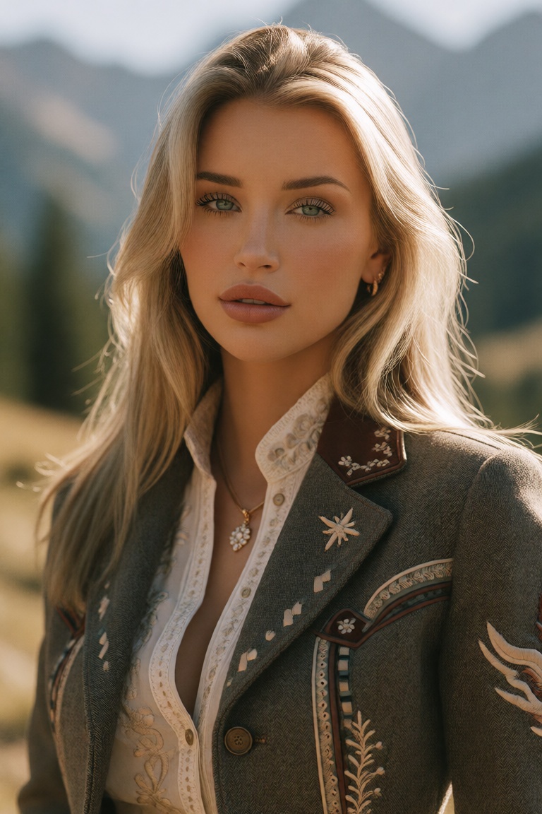 Professional editorial portrait photograph captured in a breathtaking mountainous landscape during golden-hour daylight. T...