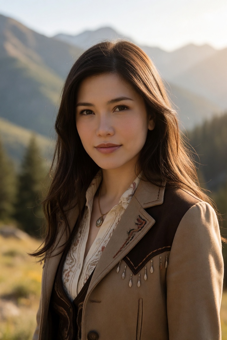 Professional editorial portrait photograph captured in a breathtaking mountainous landscape during golden-hour daylight. T...