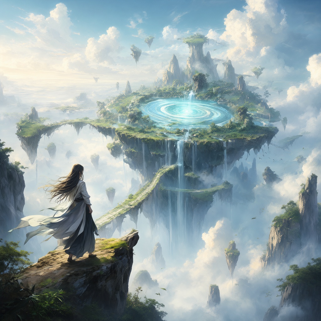 The image depicts a fantastical landscape with a vast expanse of clouds and floating islands. In the foreground,  a young...