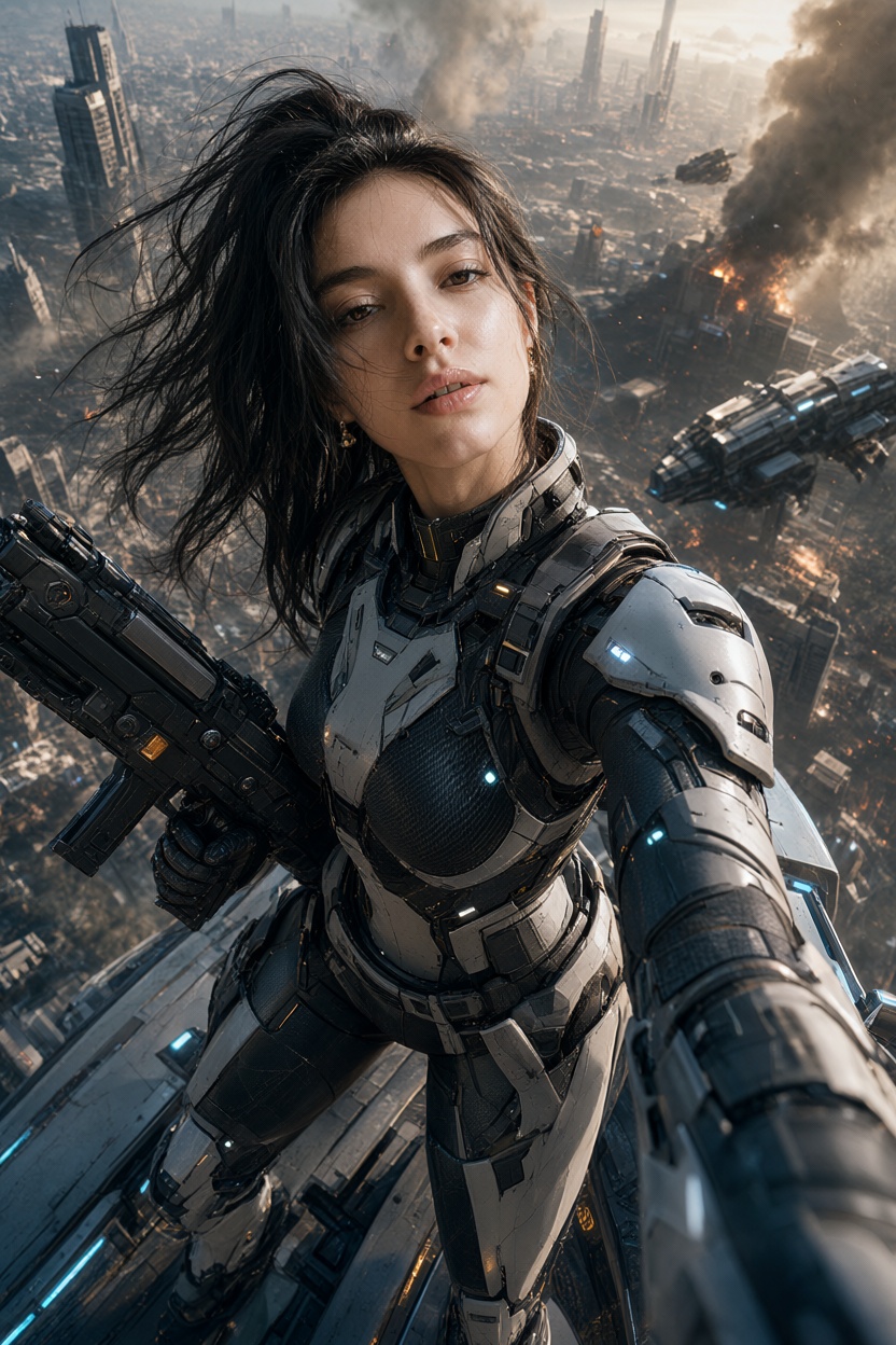 A high-resolution,  ultra-detailed photorealistic shot of a spirited young woman in her early 20s taking a selfie. She is...