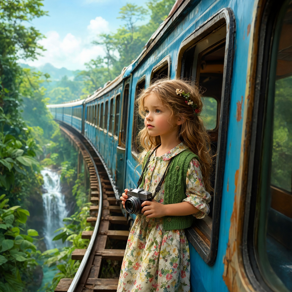 The image depicts a young girl standing by the window of a blue train,  holding a camera. She is dressed in a floral dress...