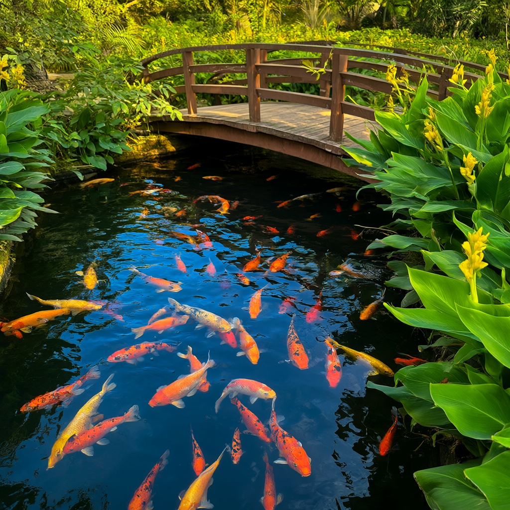 The image depicts a serene and vibrant scene of a koi pond surrounded by lush greenery. A wooden bridge arches gracefully...