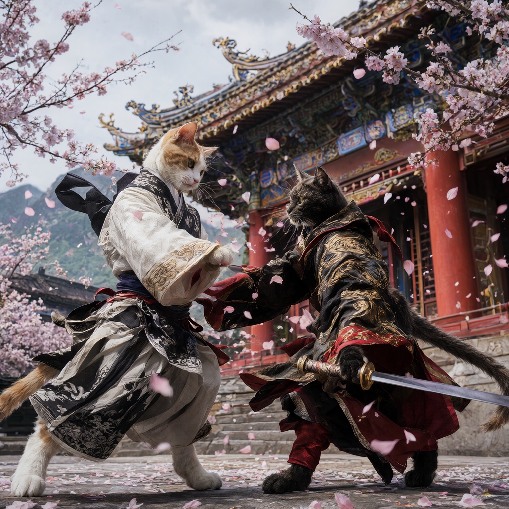 Create an image that captures a dynamic scene of two anthropomorphic cats engaged in combat. The cat on the left is dresse...