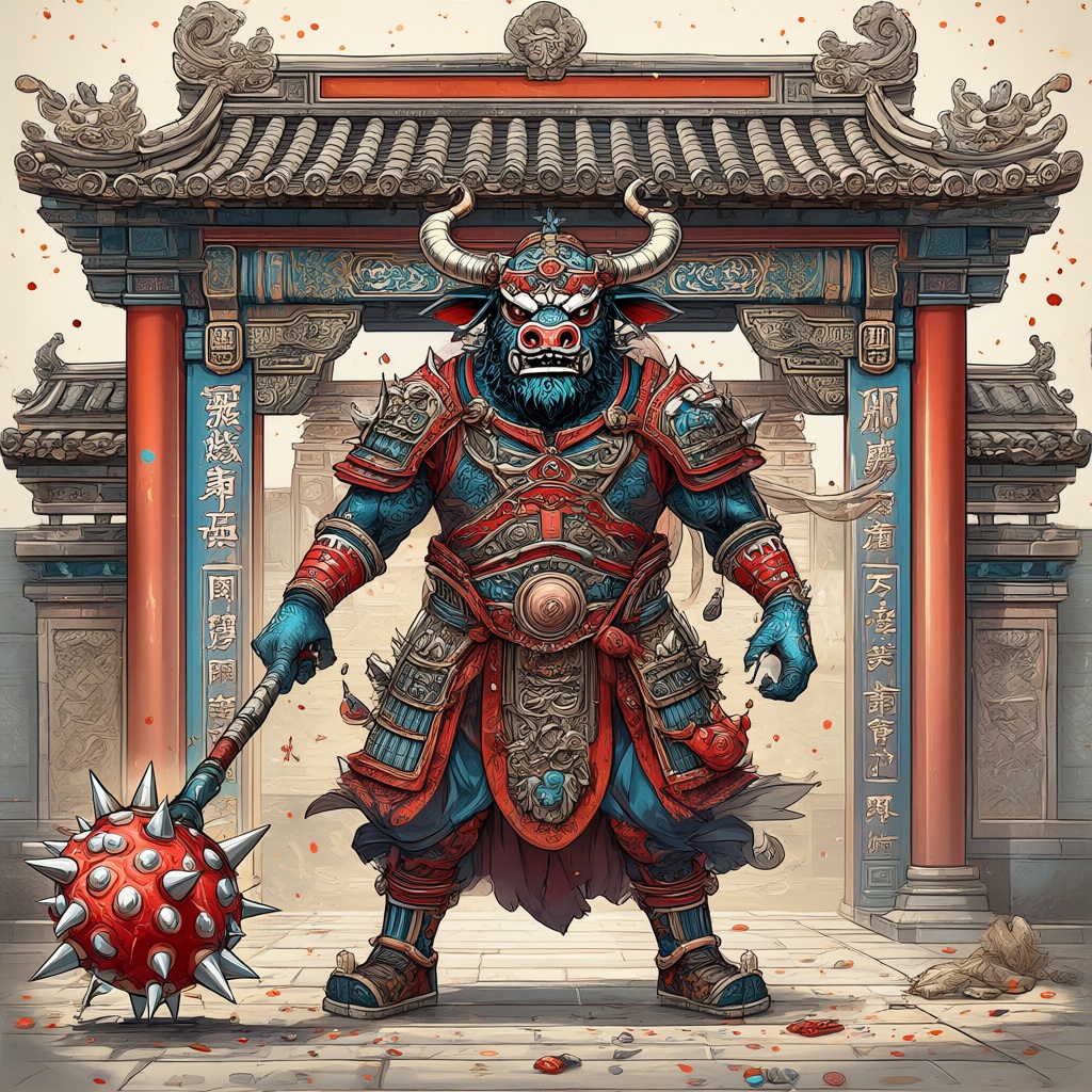 The image depicts a vibrant and detailed illustration of a warrior-like creature,  resembling a hybrid of a bull and a hum...