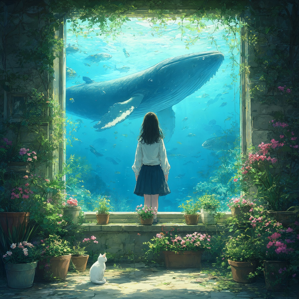 The image depicts a serene and enchanting scene where a young girl stands in a lush garden,  gazing at a large window that...
