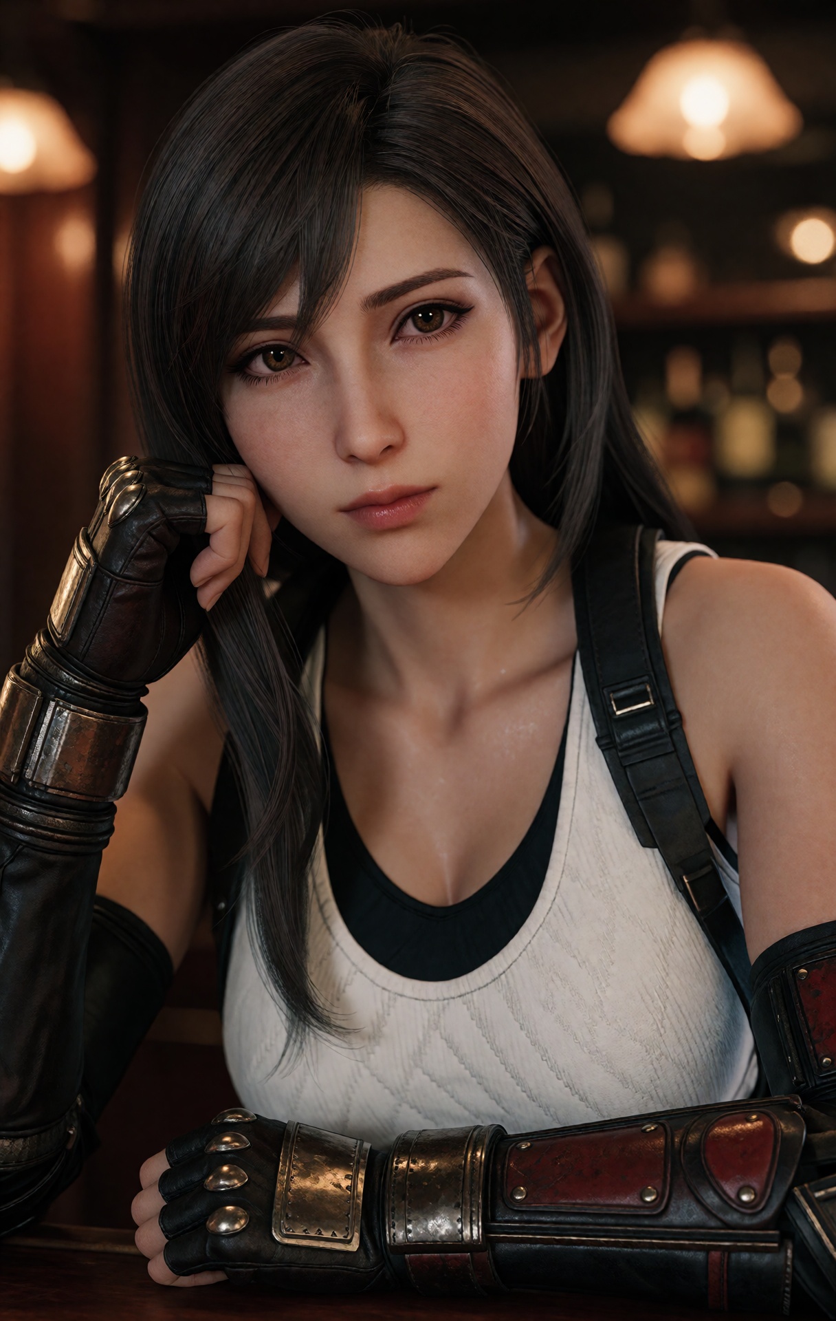 hyper-realistic cinematic portrait of Tifa Lockhart from Final Fantasy VII,  rendered in ultra-detailed 3DCG with high-end...