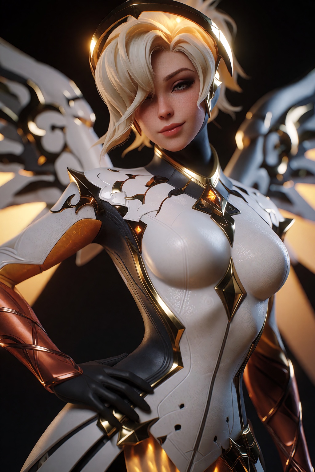A photorealistic portrait of Mercy from Overwatch,  a beautiful blonde angel with long flowing golden-blonde hair,  striki...
