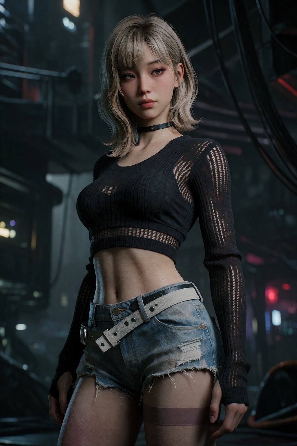 hyper-realistic full-body cinematic portrait of a young East Asian woman with pale porcelain skin,  rendered in ultra-deta...