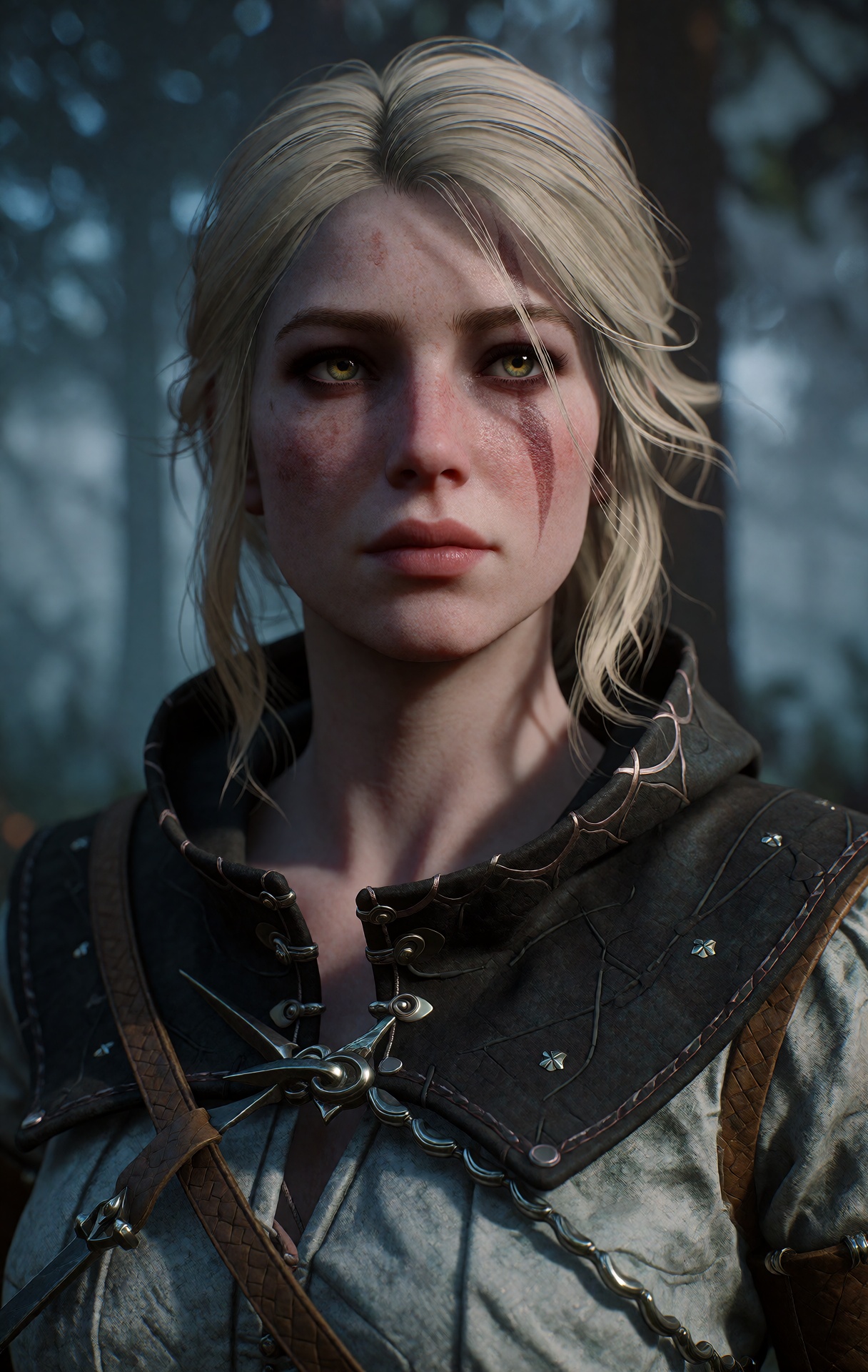 hyper-realistic full-body cinematic portrait of Ciri from The Witcher 3,  rendered in ultra-detailed 3DCG with high-end ga...